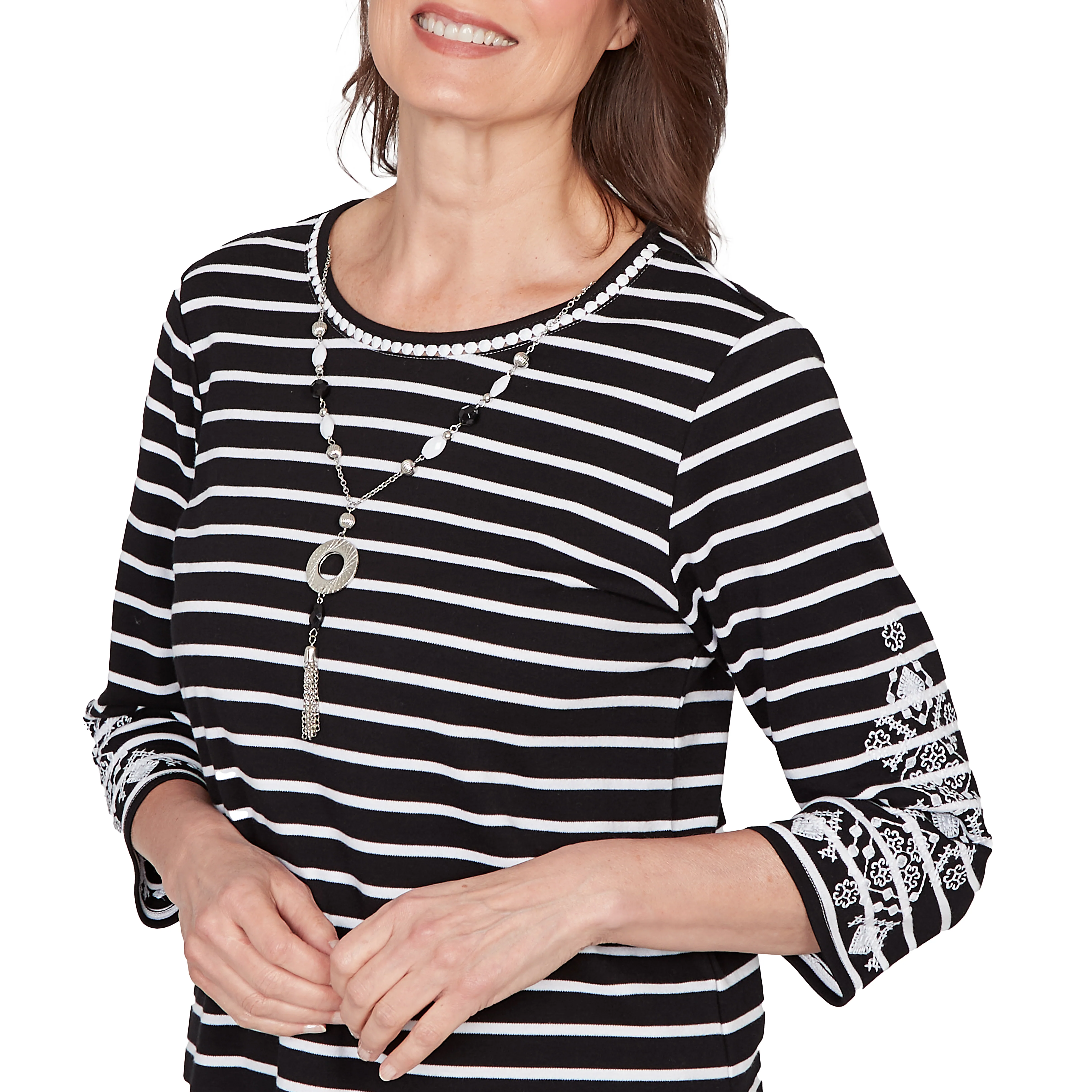 Alfred Dunner Pinstripe Embroidered Sleeve Top with Necklace- Petite - Image 5