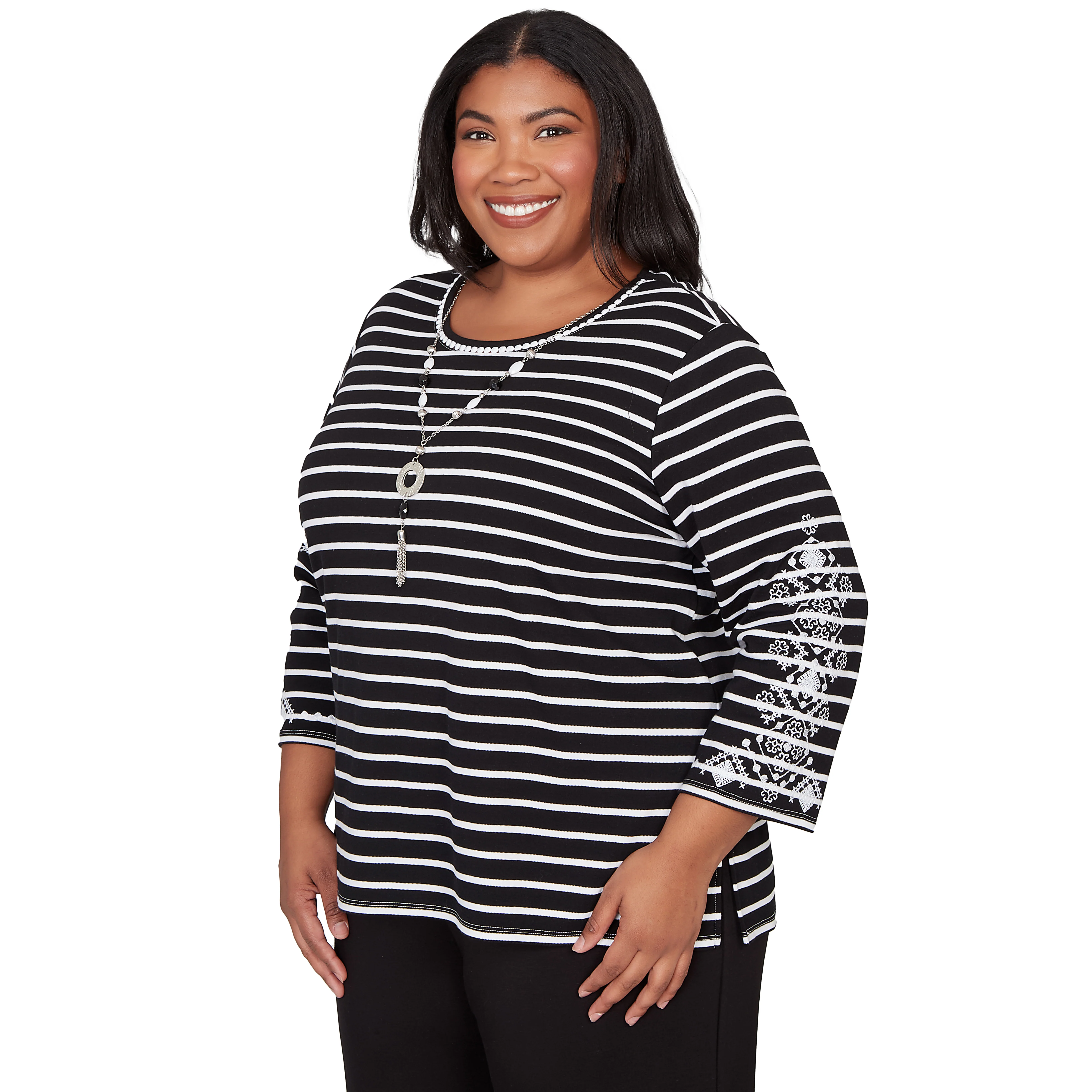 Alfred Dunner Pinstripe Embroidered Sleeve Top with Necklace - Plus - Image 3