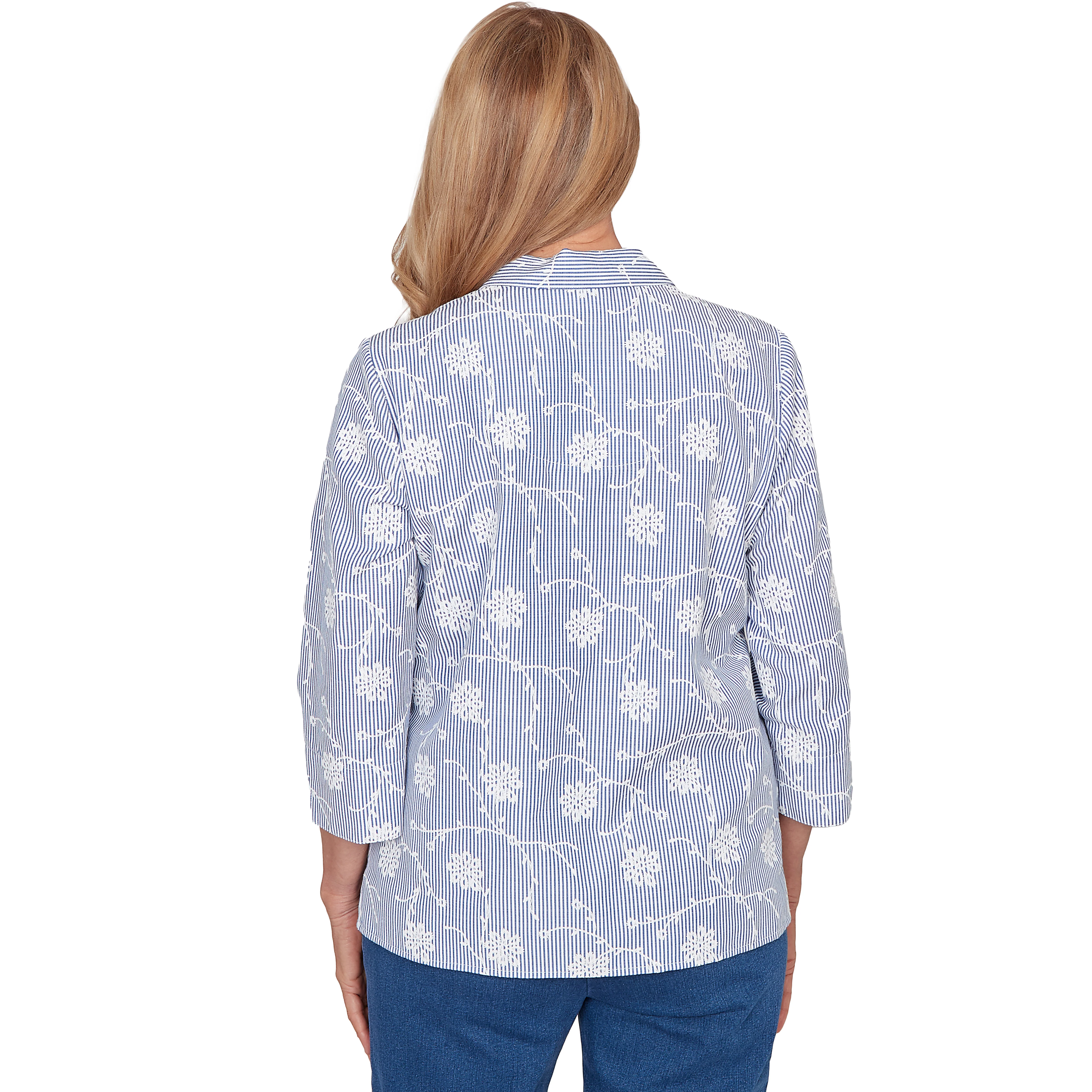 Alfred Dunner Puff Print Pinstripe Embroidered Button Down Top - Image 2