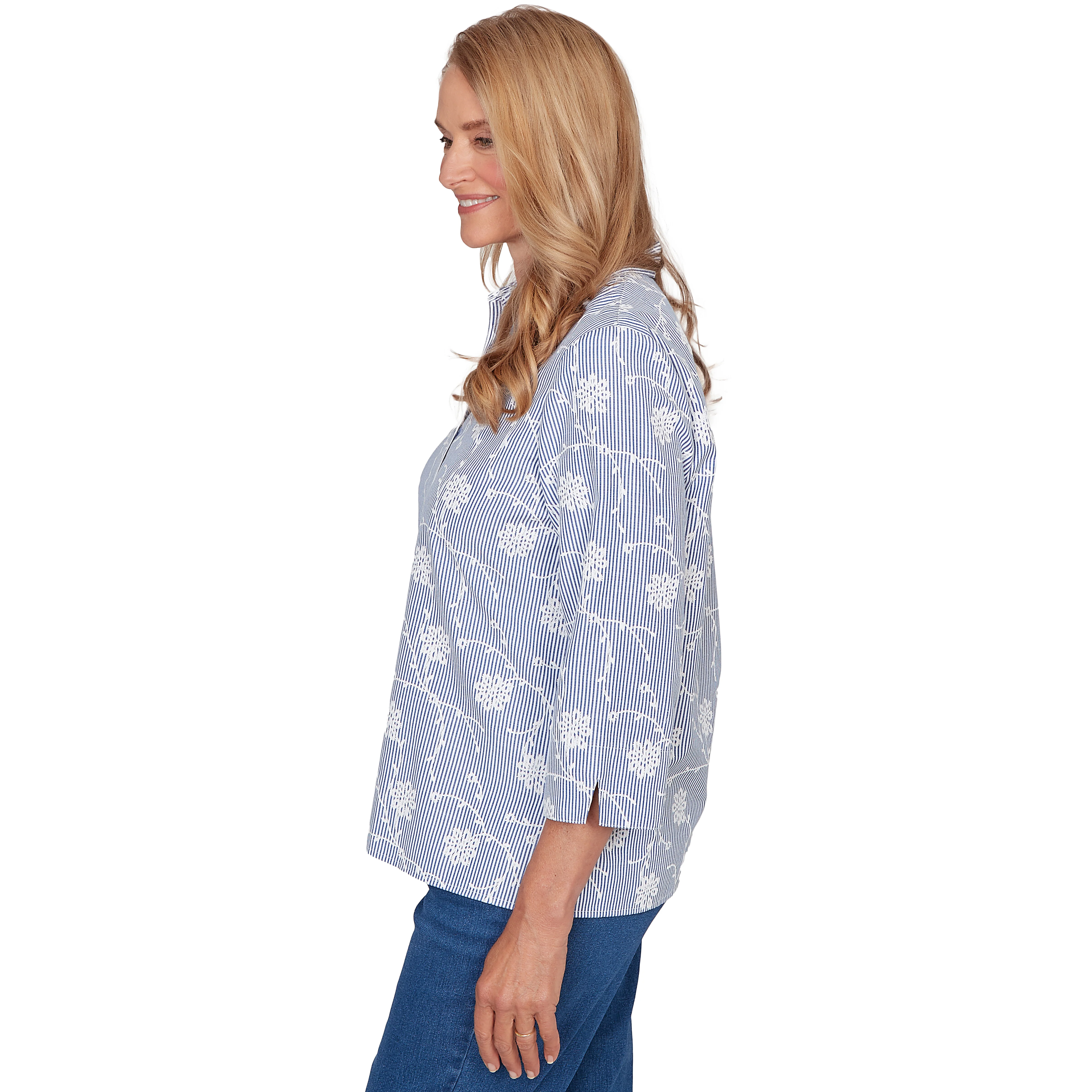 Alfred Dunner Puff Print Pinstripe Embroidered Button Down Top - Image 4