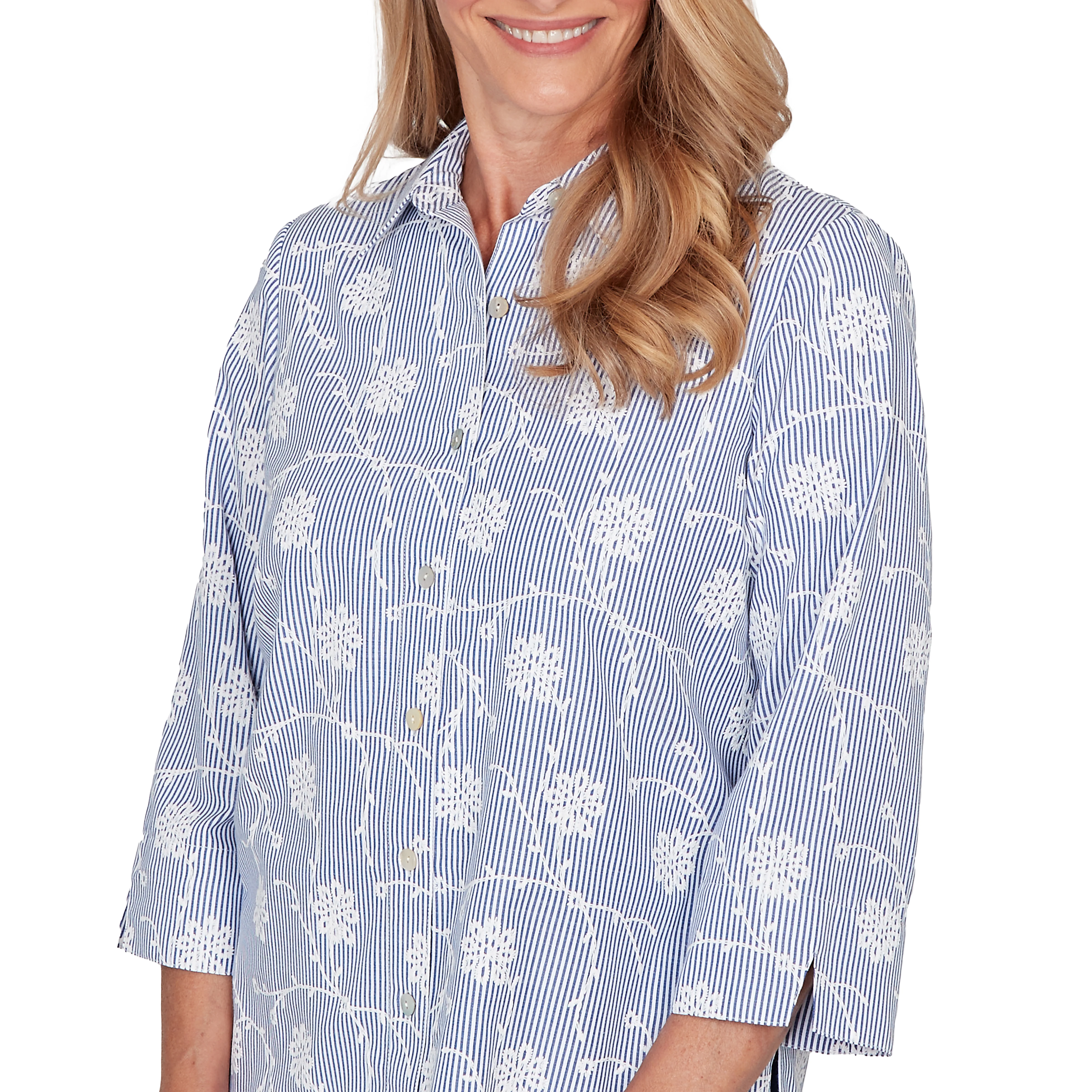 Alfred Dunner Puff Print Pinstripe Embroidered Button Down Top- Petite - Image 5