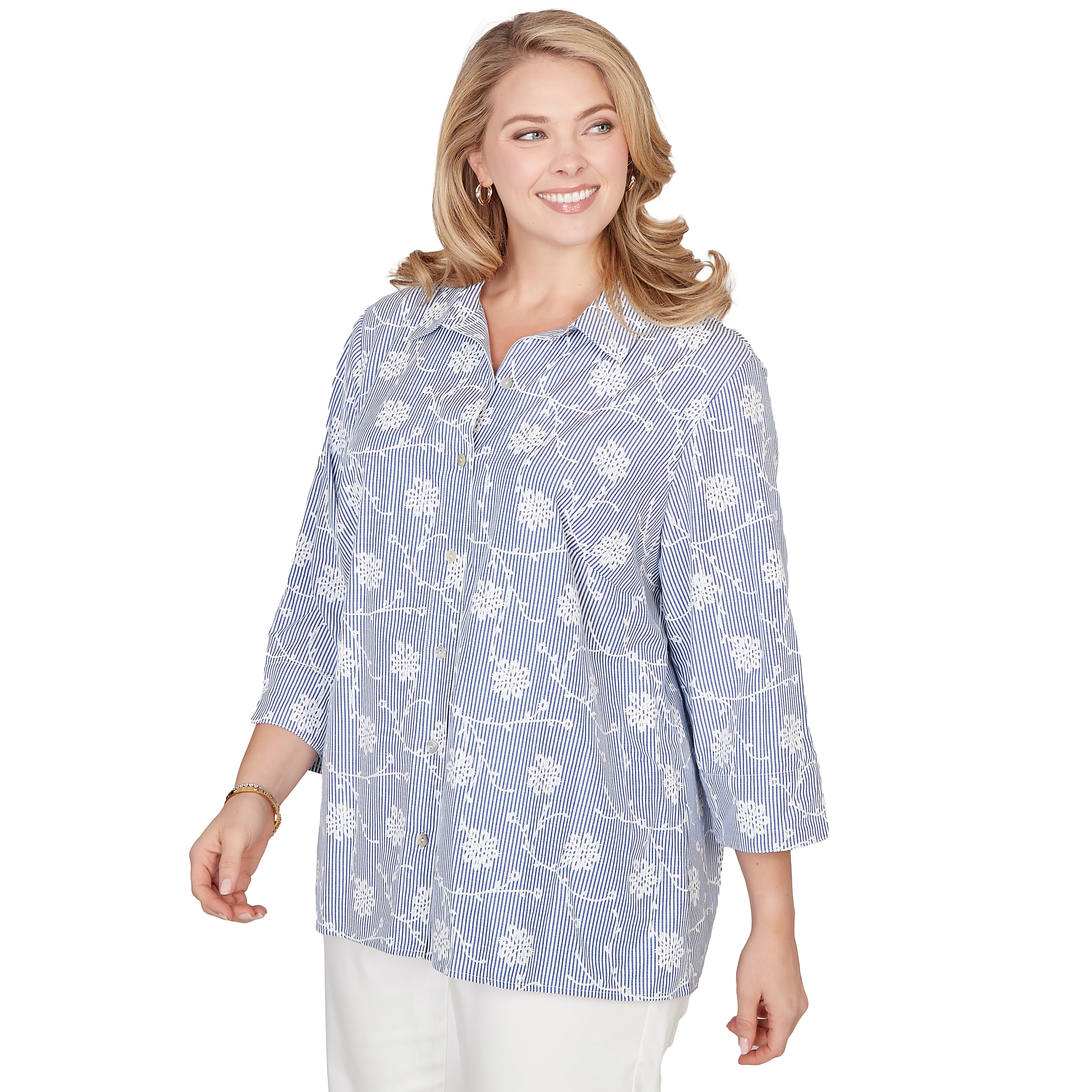 Alfred Dunner Puff Print Pinstripe Embroidered Button Down Top - Plus - Image 3