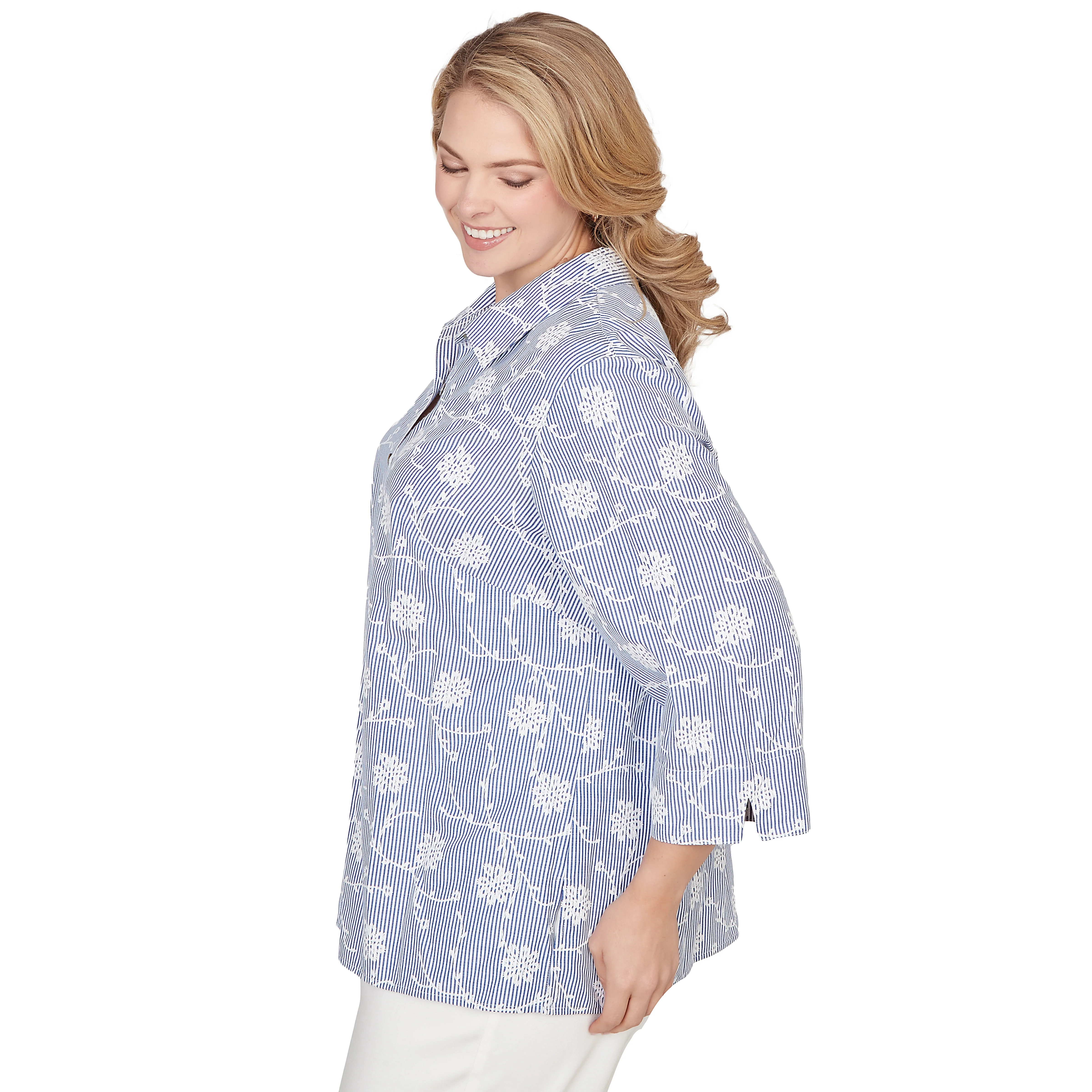 Alfred Dunner Puff Print Pinstripe Embroidered Button Down Top - Plus - Image 4