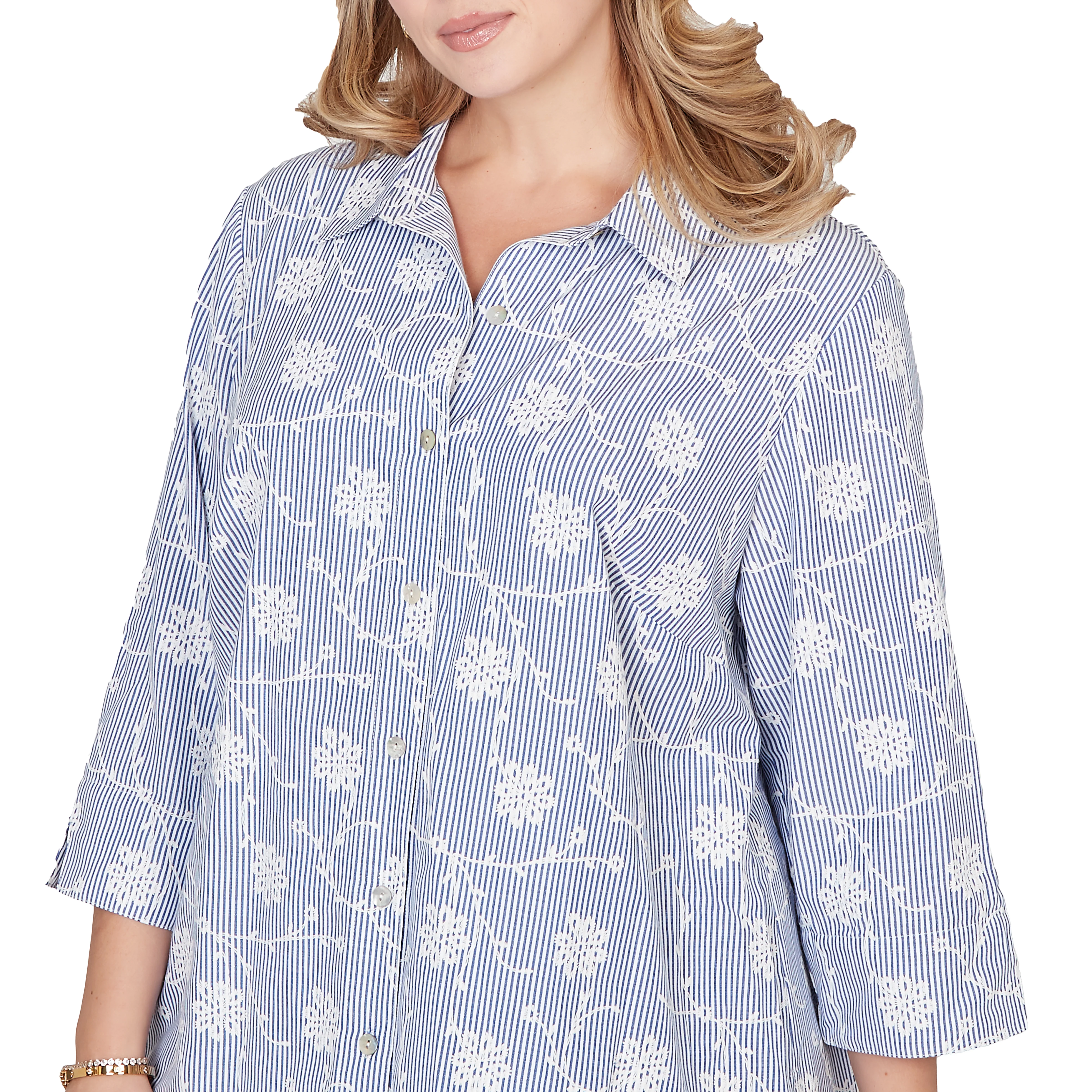 Alfred Dunner Puff Print Pinstripe Embroidered Button Down Top - Plus - Image 5