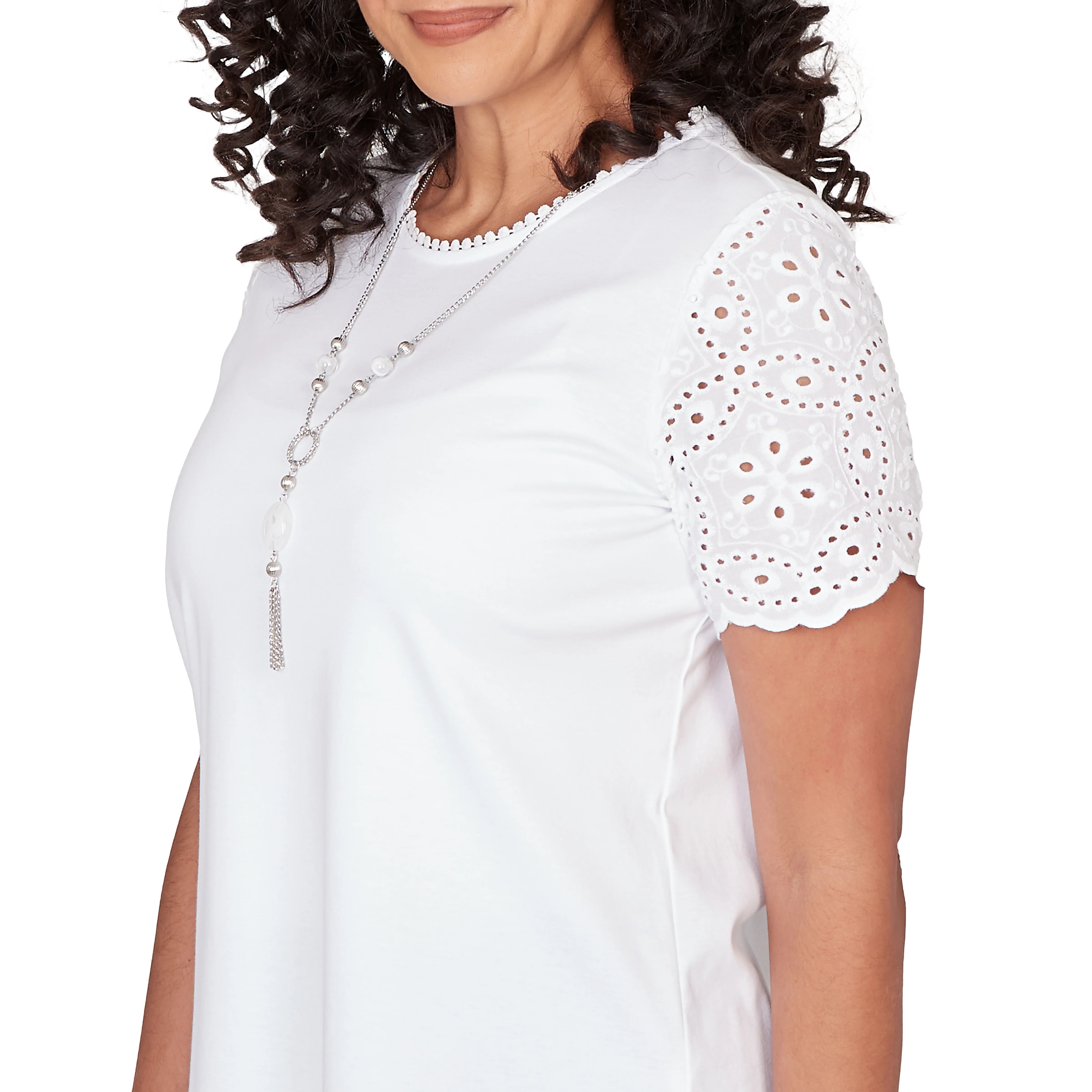 Alfred Dunner Solid Eyelet Sleeve Tee with Necklace - Image 5