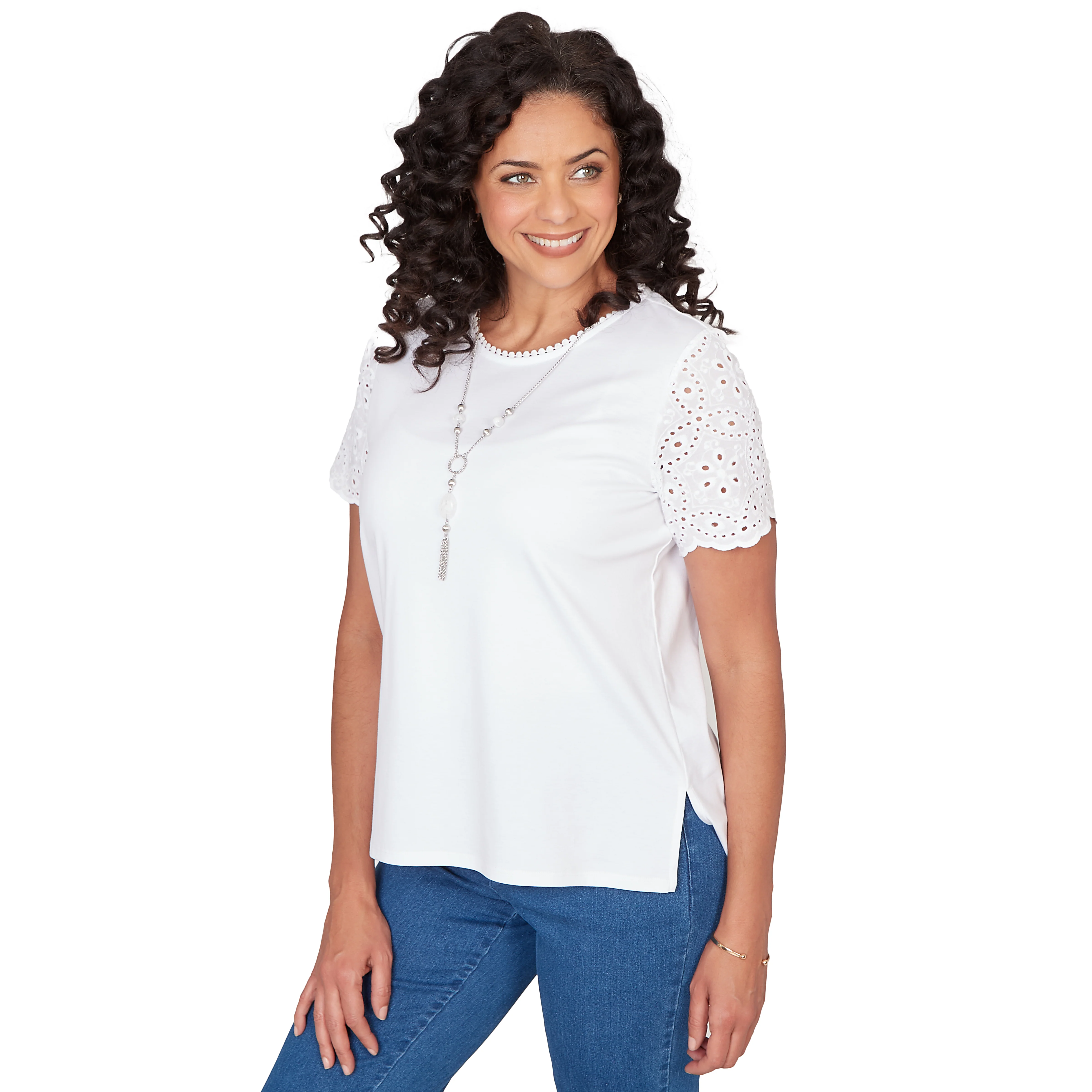 Alfred Dunner Solid Eyelet Sleeve Tee with Necklace- Petite - Image 3