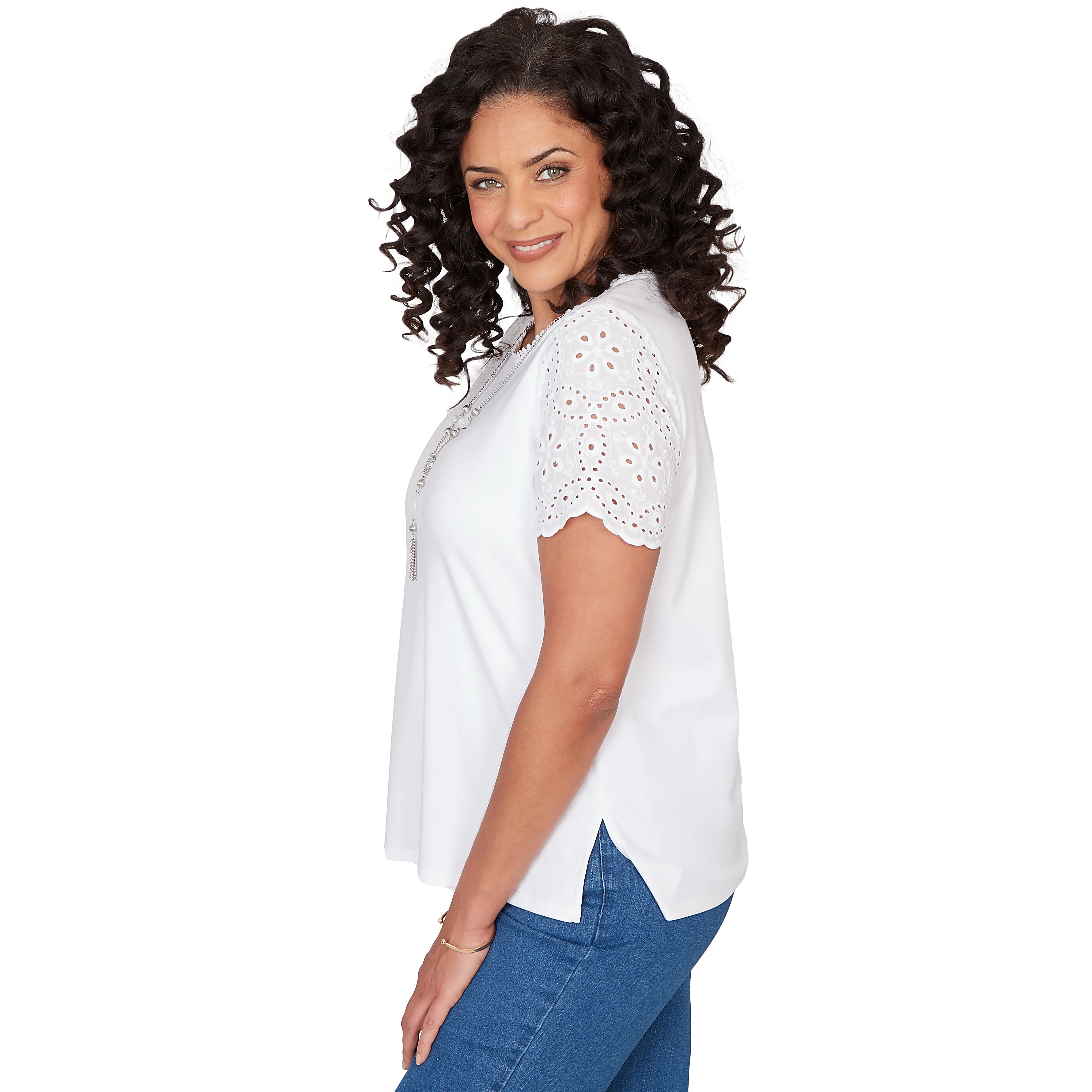 Alfred Dunner Solid Eyelet Sleeve Tee with Necklace- Petite - Image 4