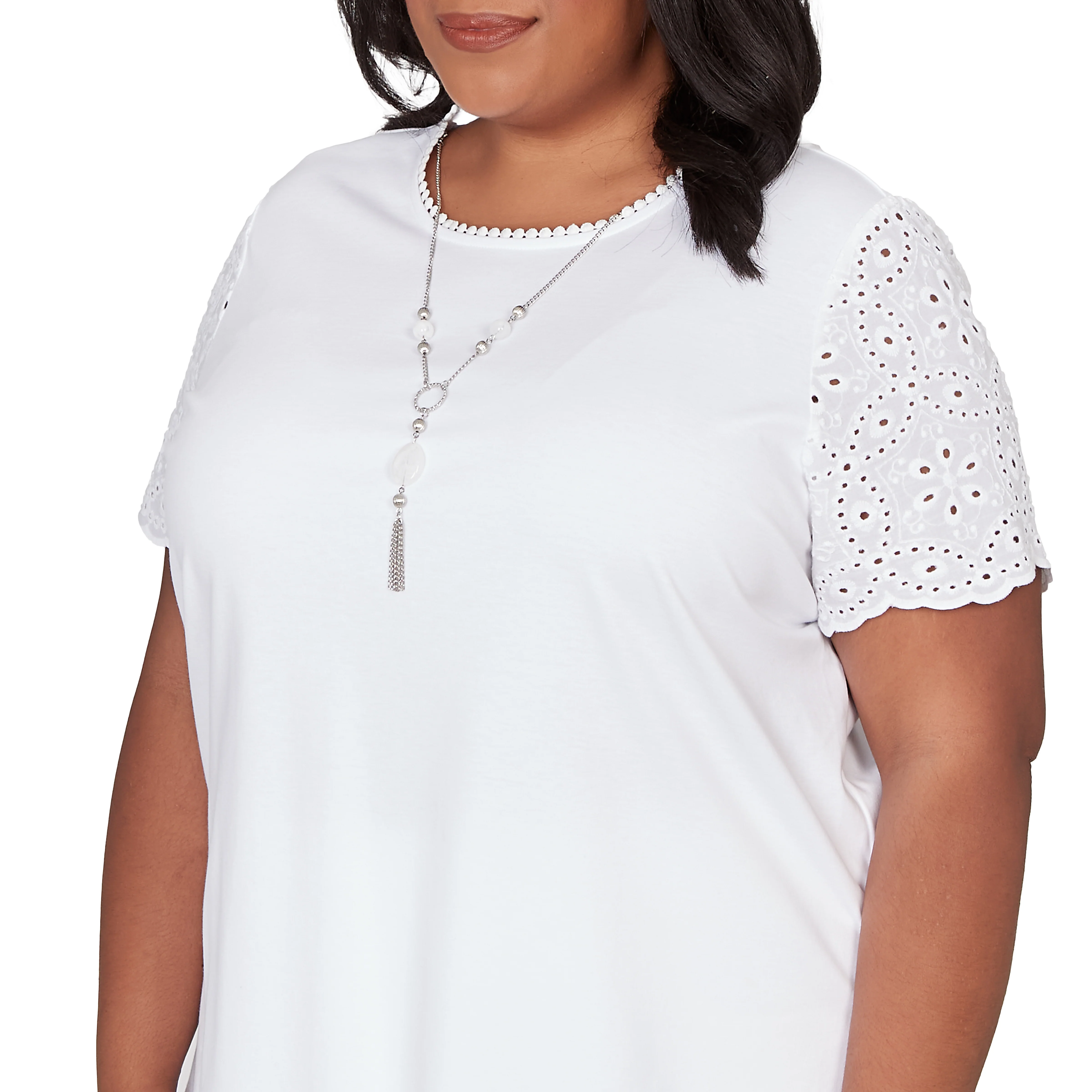 Alfred Dunner Solid Eyelet Sleeve Tee with Necklace - Plus - Image 5