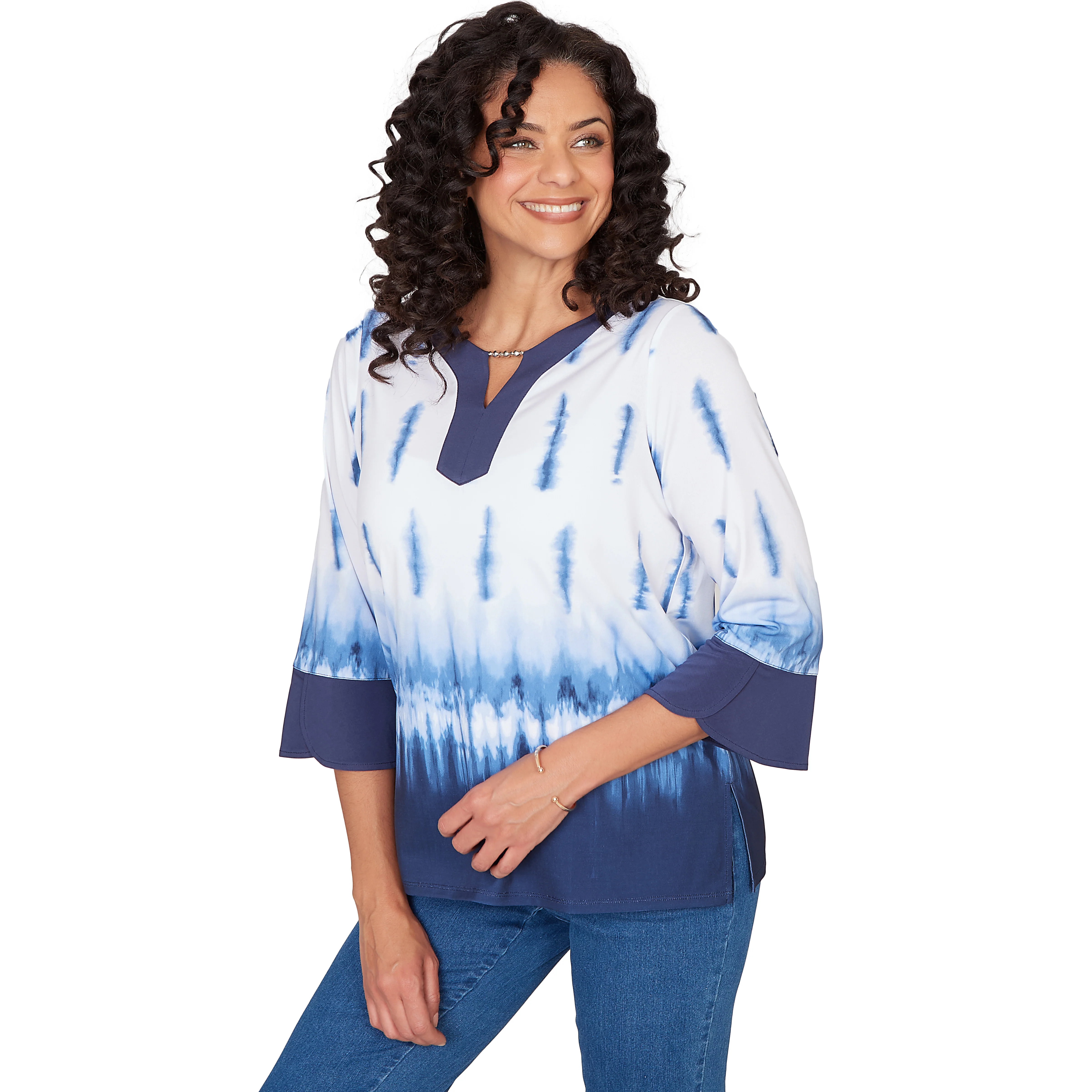Alfred Dunner Tie Dye Border Split Neck Top- Petite - Image 3