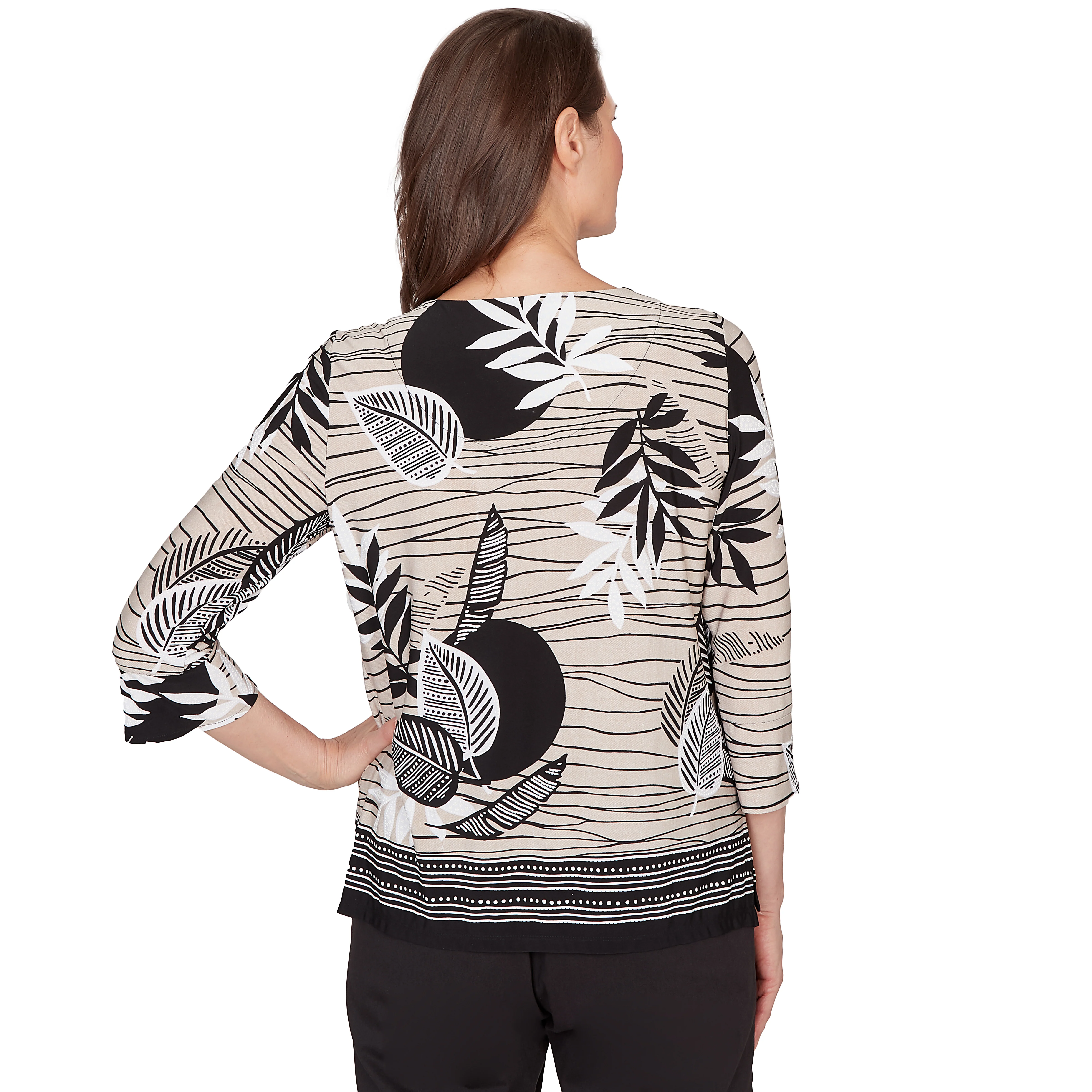 Alfred Dunner Tropical Leaf Border Print Split Neck Top - Image 2