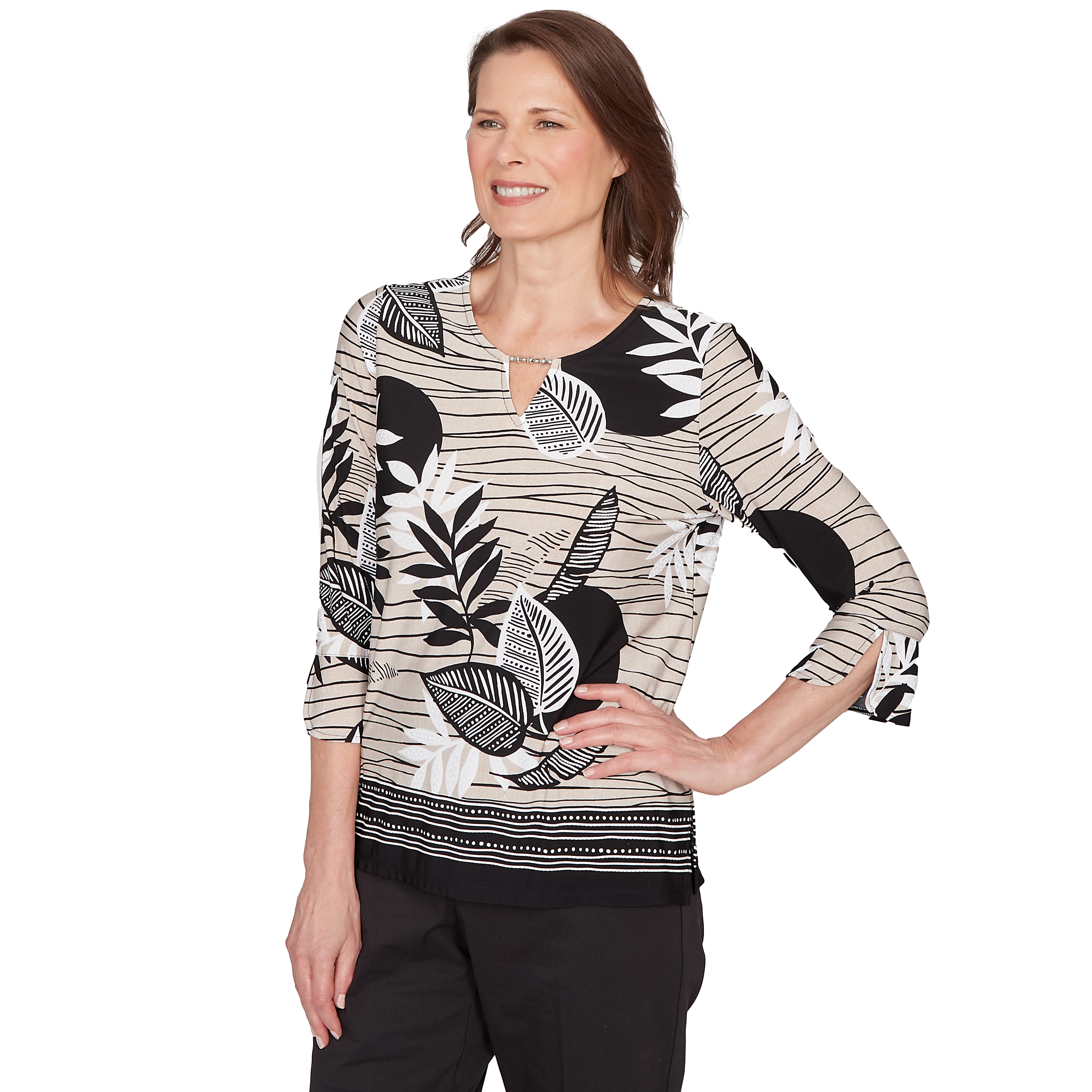 Alfred Dunner Tropical Leaf Border Print Split Neck Top- Petite - Image 3