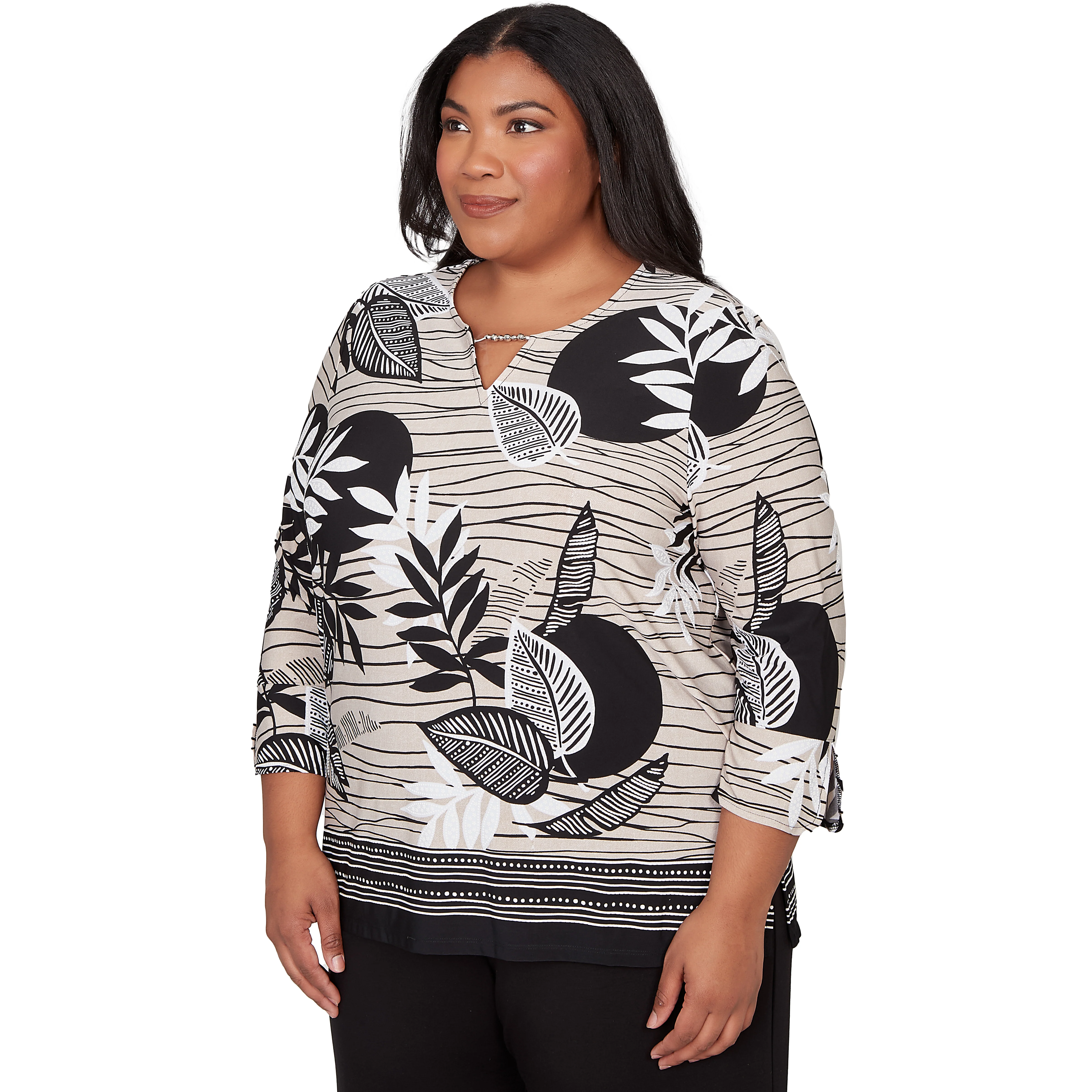 Alfred Dunner Tropical Leaf Border Print Split Neck Top - Plus - Image 3