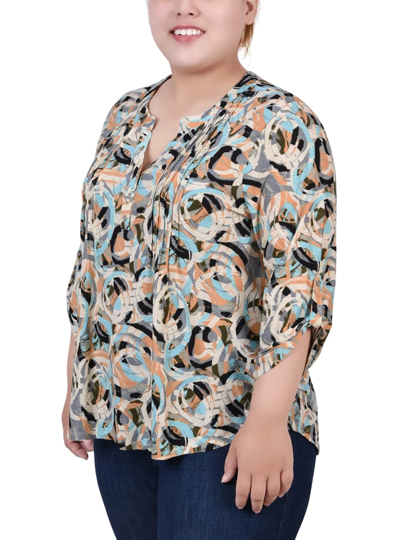 Autumn Blue Abstract 3/4 Roll Tap Pullover Top - Plus - Image 2