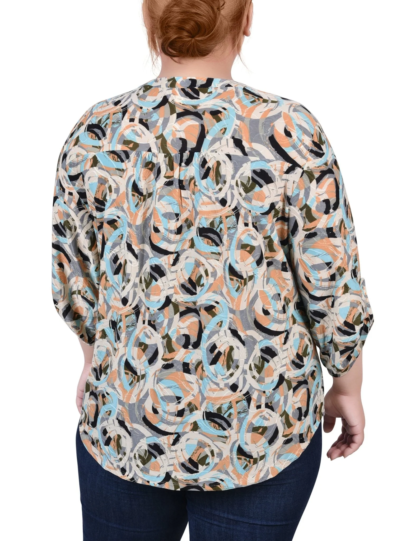 Autumn Blue Abstract 3/4 Roll Tap Pullover Top - Plus - Image 4