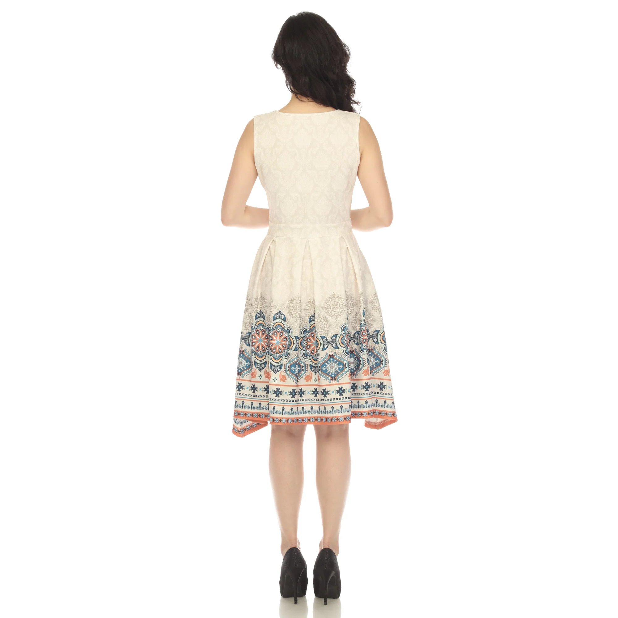 Beige Border Print Fit and Flare Knee Length Dress - Image 3