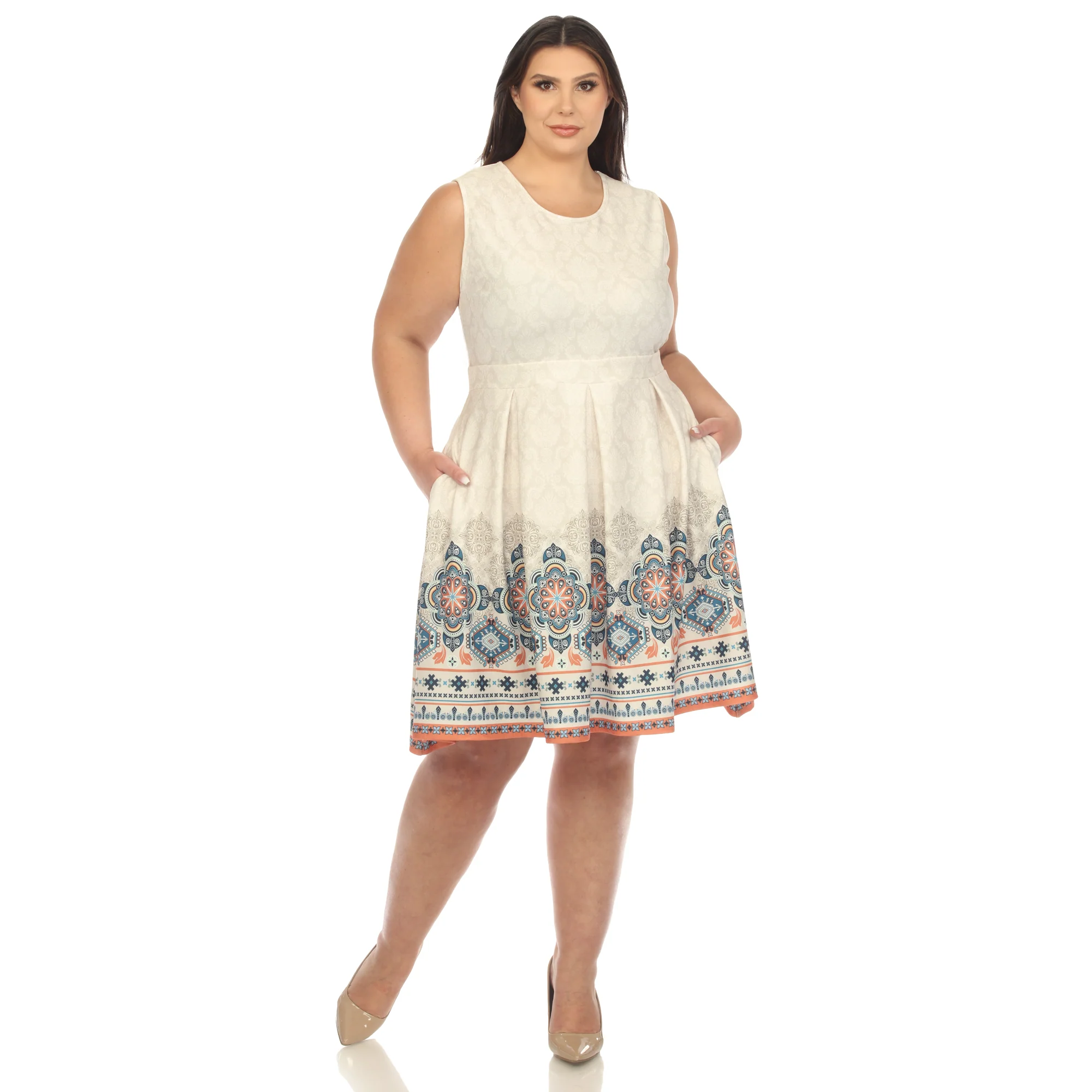 Beige Border Print Fit and Flare Knee Length Dress - Plus - Image 5
