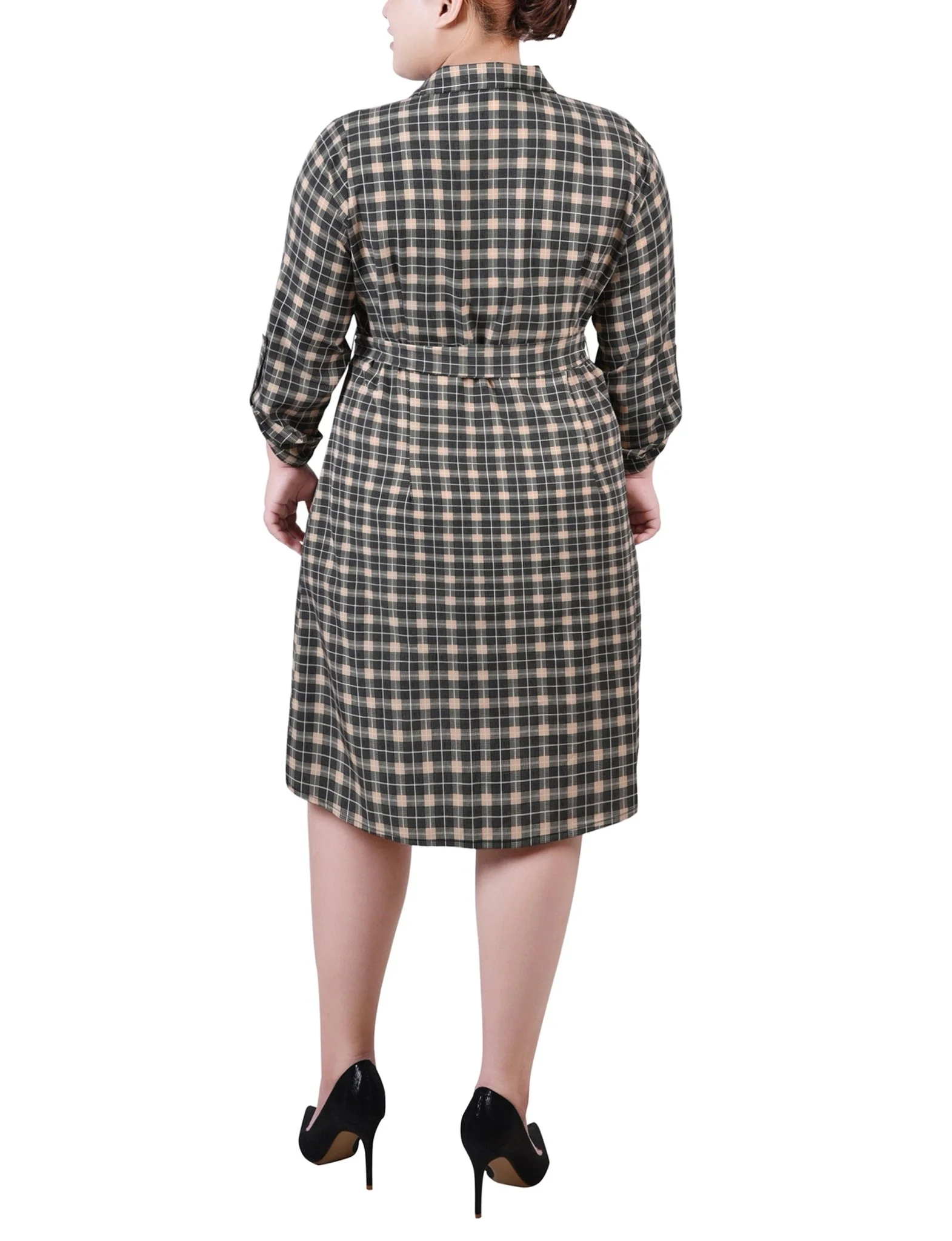 Beige Jet Benplaid 3/4 Roll Tab Sleeve Belted Shirtdress - Plus - Image 3