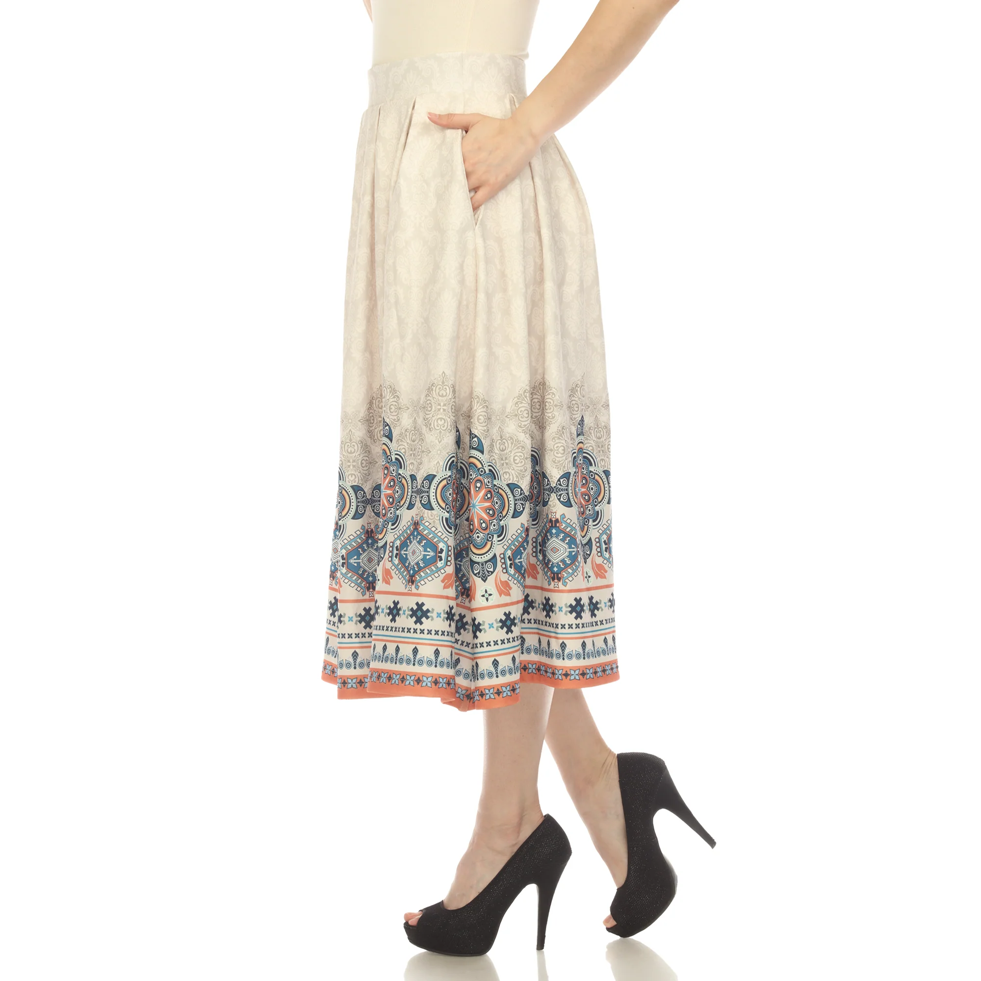 Beige Pleated Skirt with Border Prints - Image 2