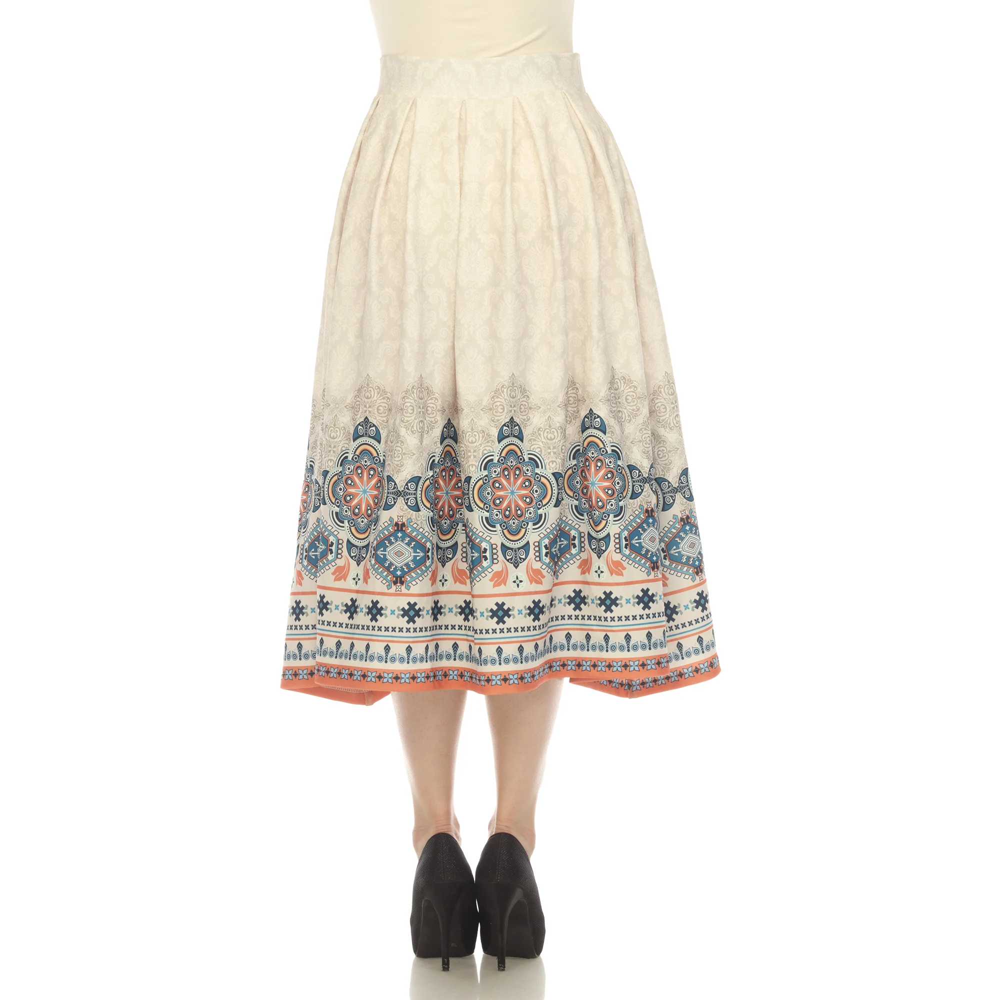 Beige Pleated Skirt with Border Prints - Image 3