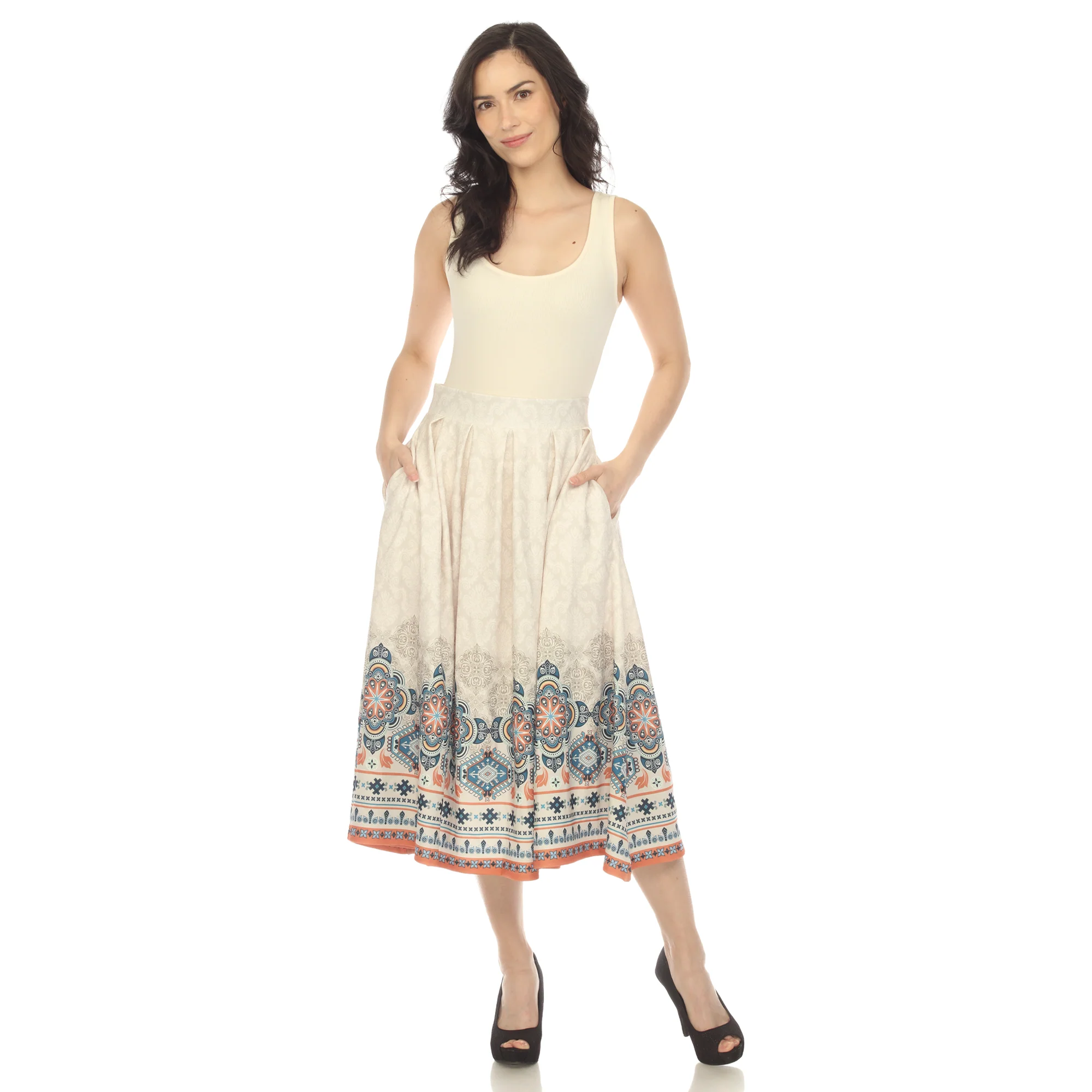 Beige Pleated Skirt with Border Prints - Image 5