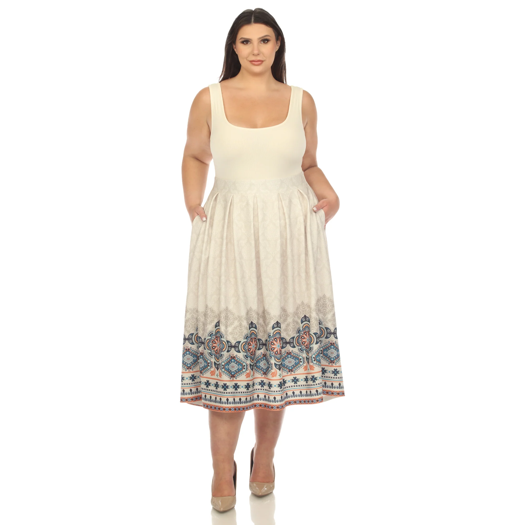 Beige Pleated Skirt with Border Prints - Plus - Image 5