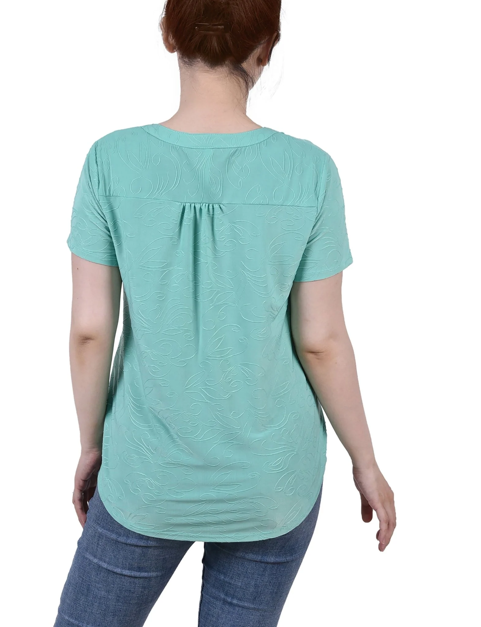 Bermuda Short Sleeve Y Neck Jacquard Knit Top - Petite - Image 4