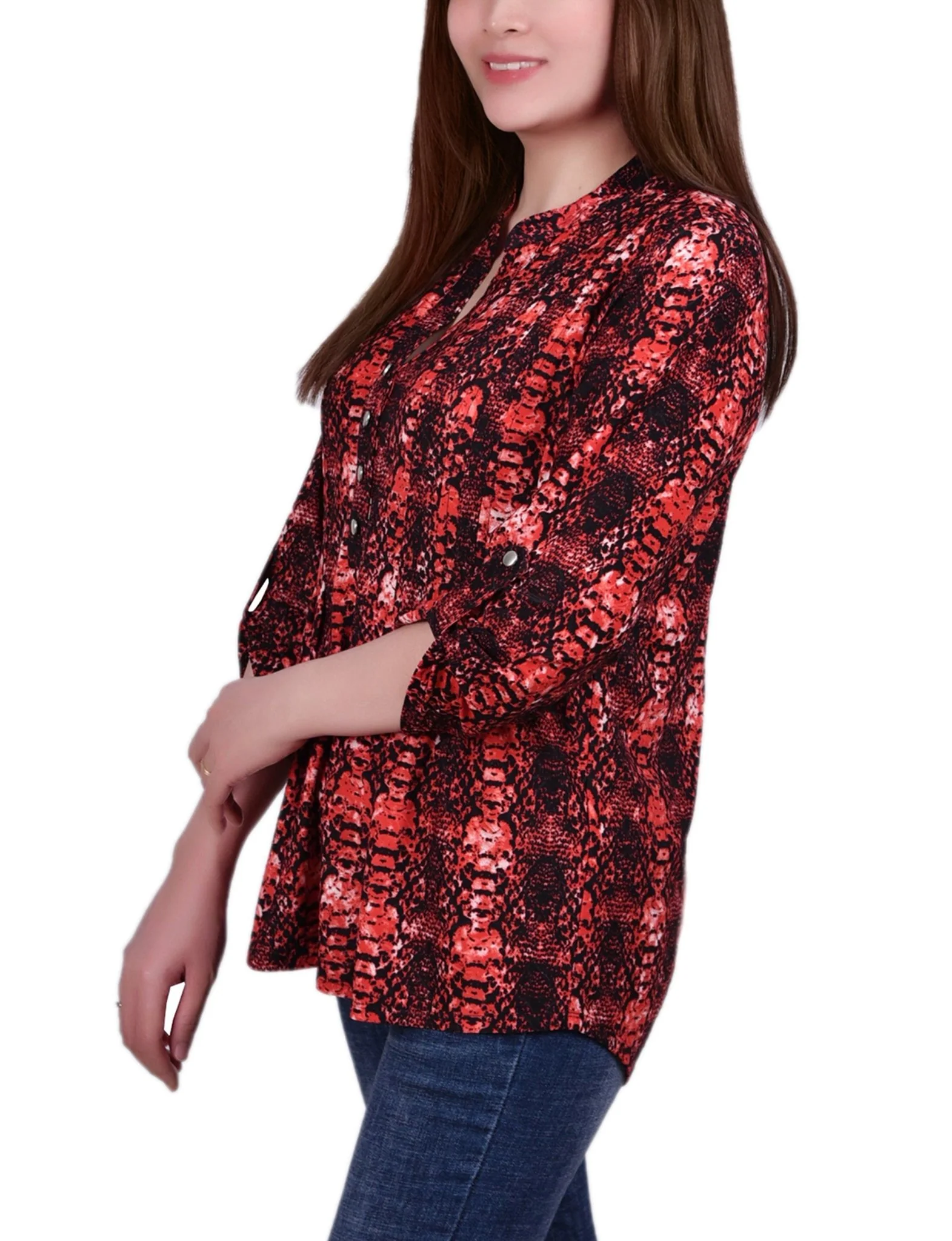 Berry Plaid 3/4 Sleeve Roll Tab Y Neck Top - Image 2