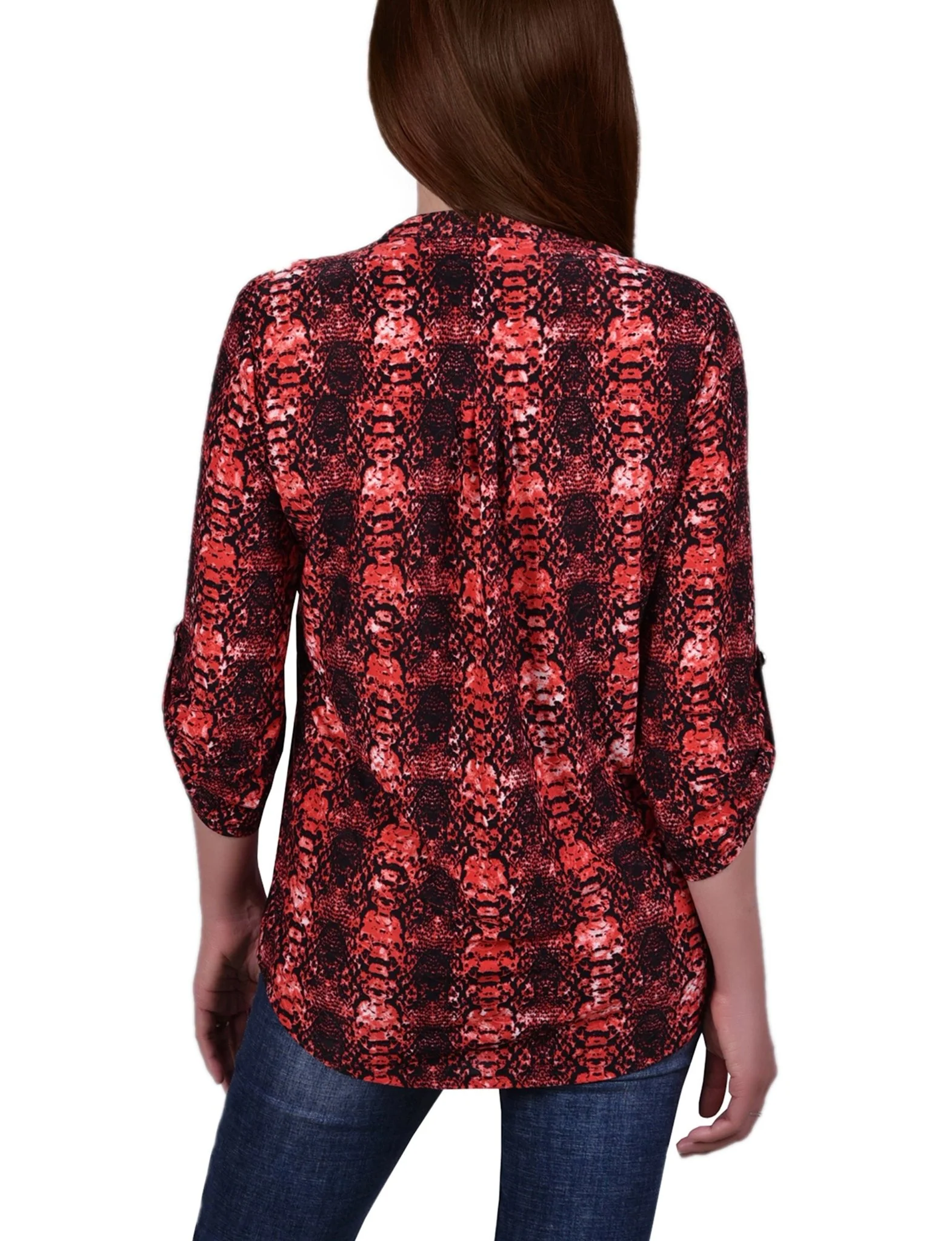 Berry Plaid 3/4 Sleeve Roll Tab Y Neck Top - Image 4