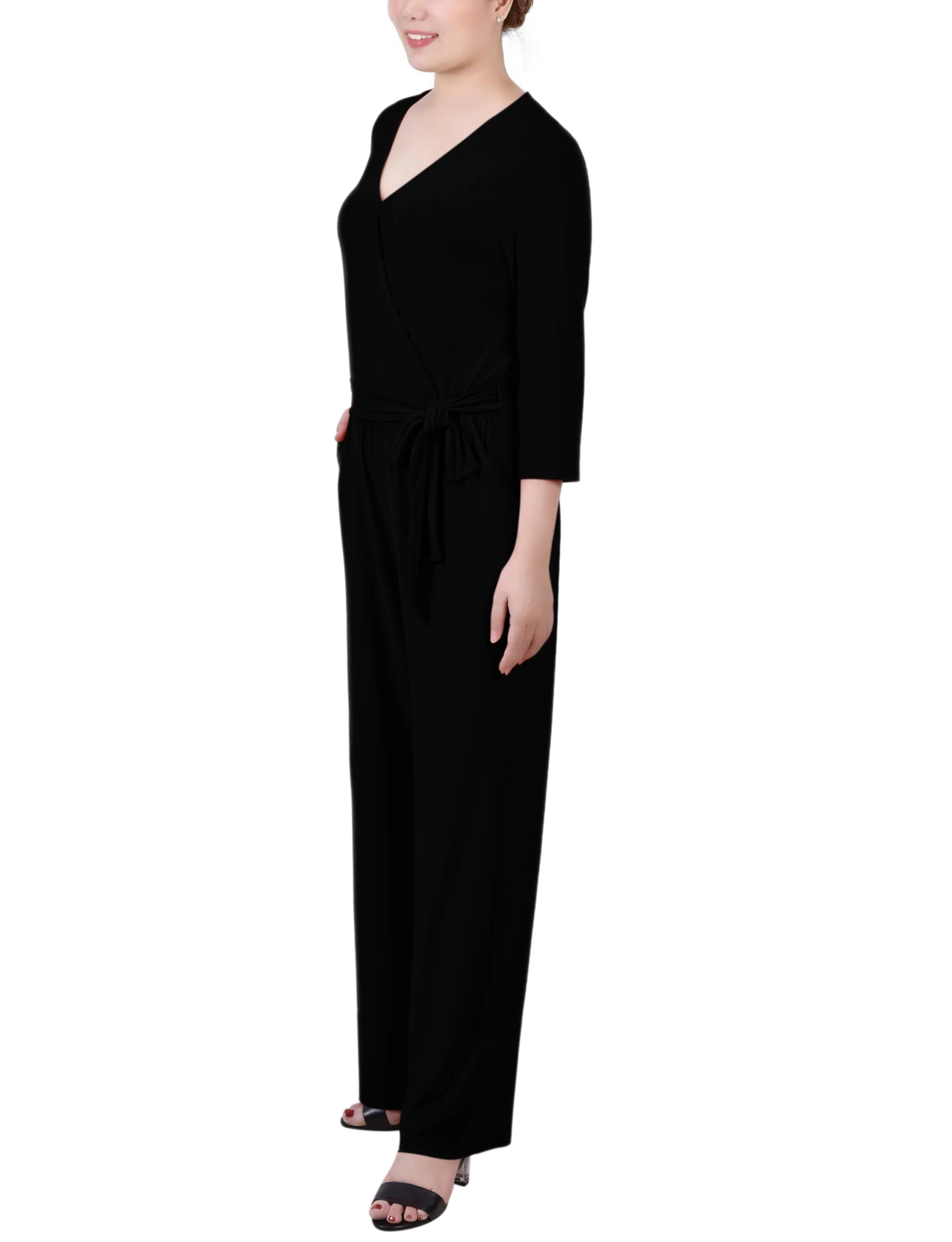 Black 3/4 Sleeve Belted Jumpsuit - Petite Short - Image 2