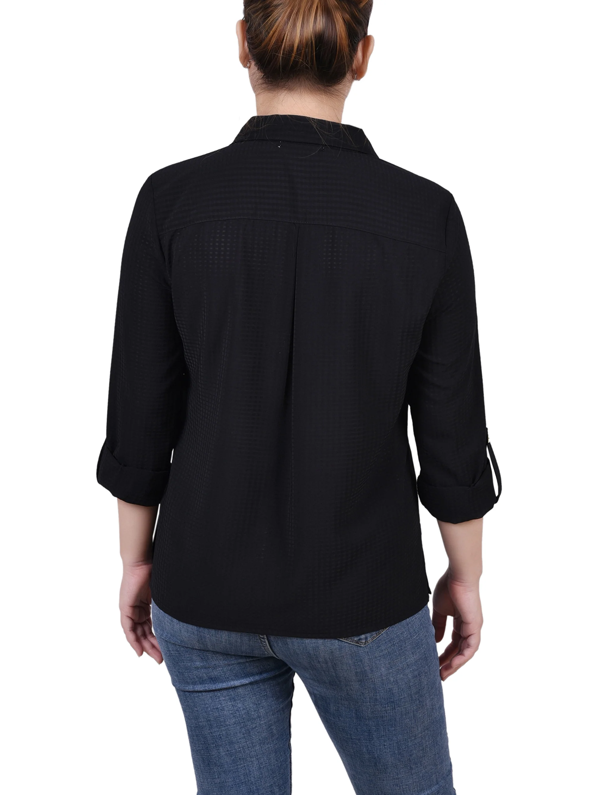 Black 3/4 Sleeve Windowpane Blouse - Image 4