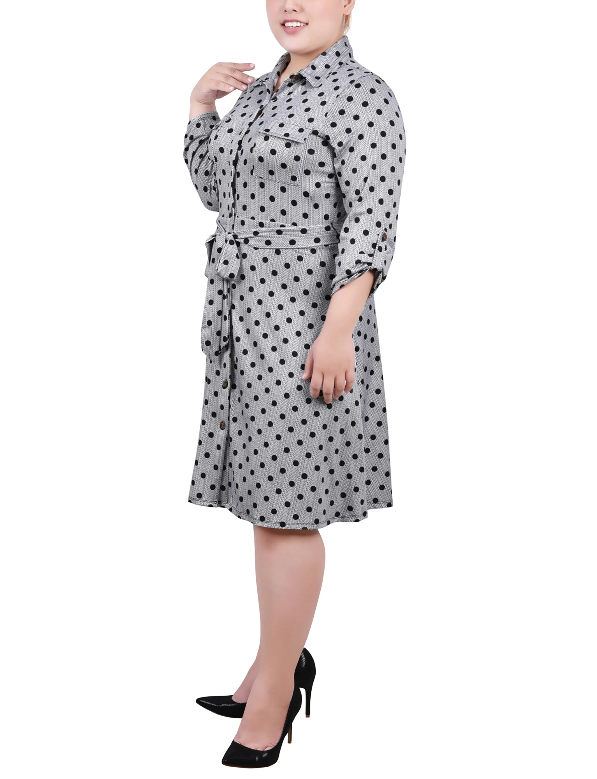 Black 3/4 Slv Roll Tab Shirtdress - Plus Size - Image 2