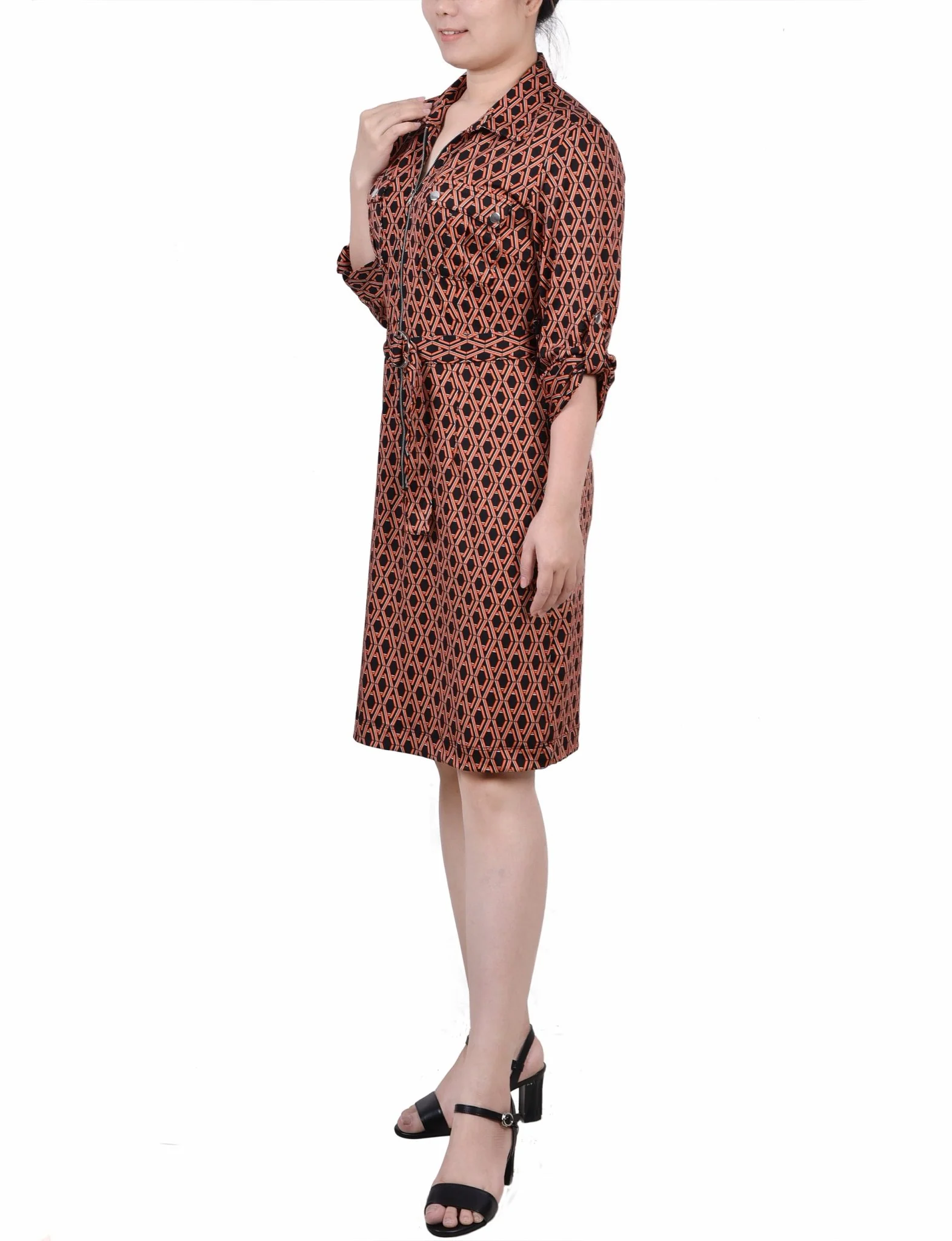 Black Autumn Glaze Thill Belted Roll Tab Zip Front Shirtdress - Petite - Image 2