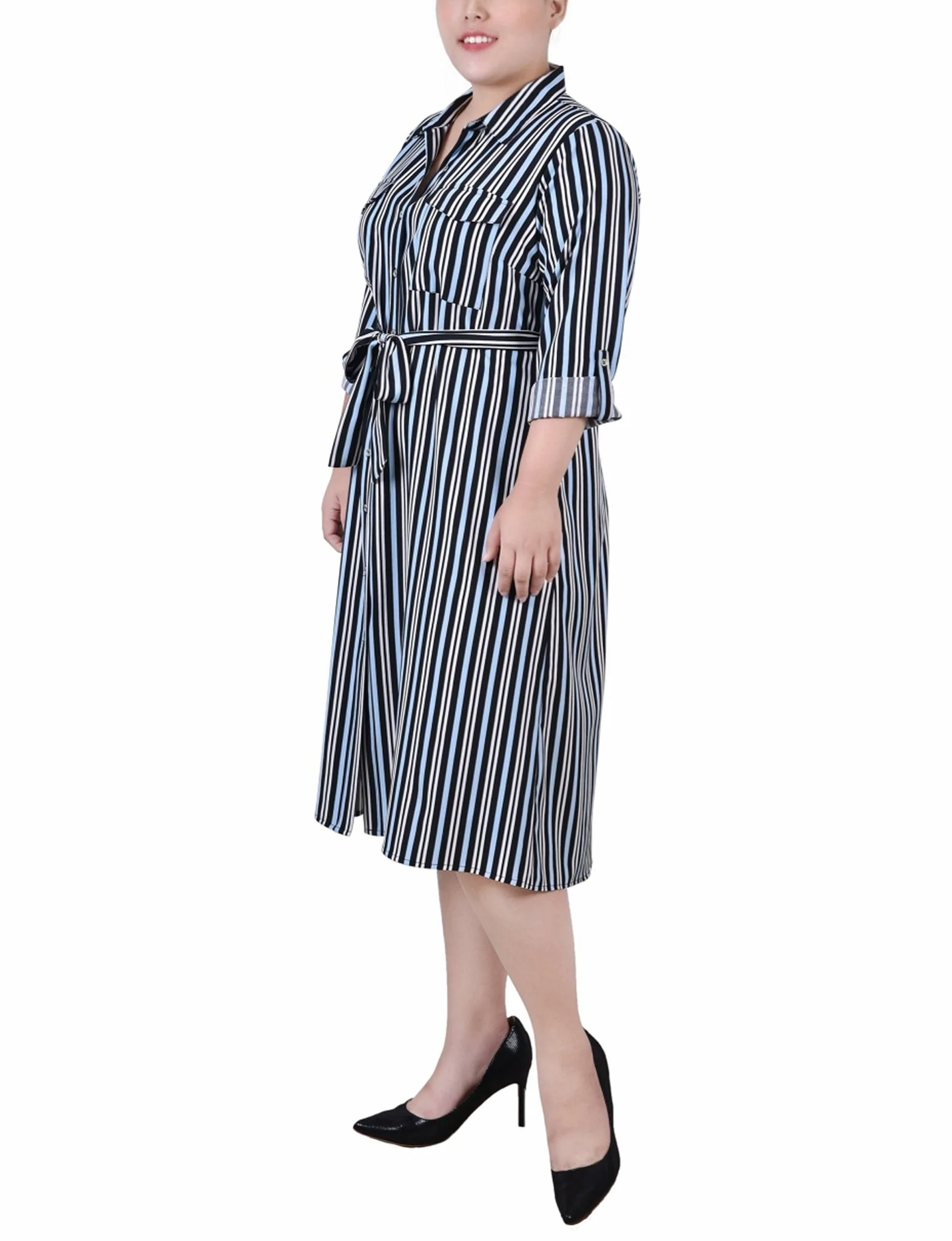 Black Blue Ivory Stripe 3/4 Roll Tab Sleeve Belted Shirtdress - Plus - Image 2