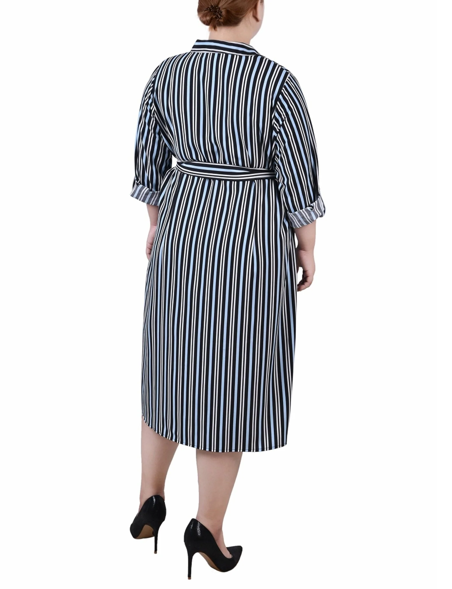 Black Blue Ivory Stripe 3/4 Roll Tab Sleeve Belted Shirtdress - Plus - Image 3