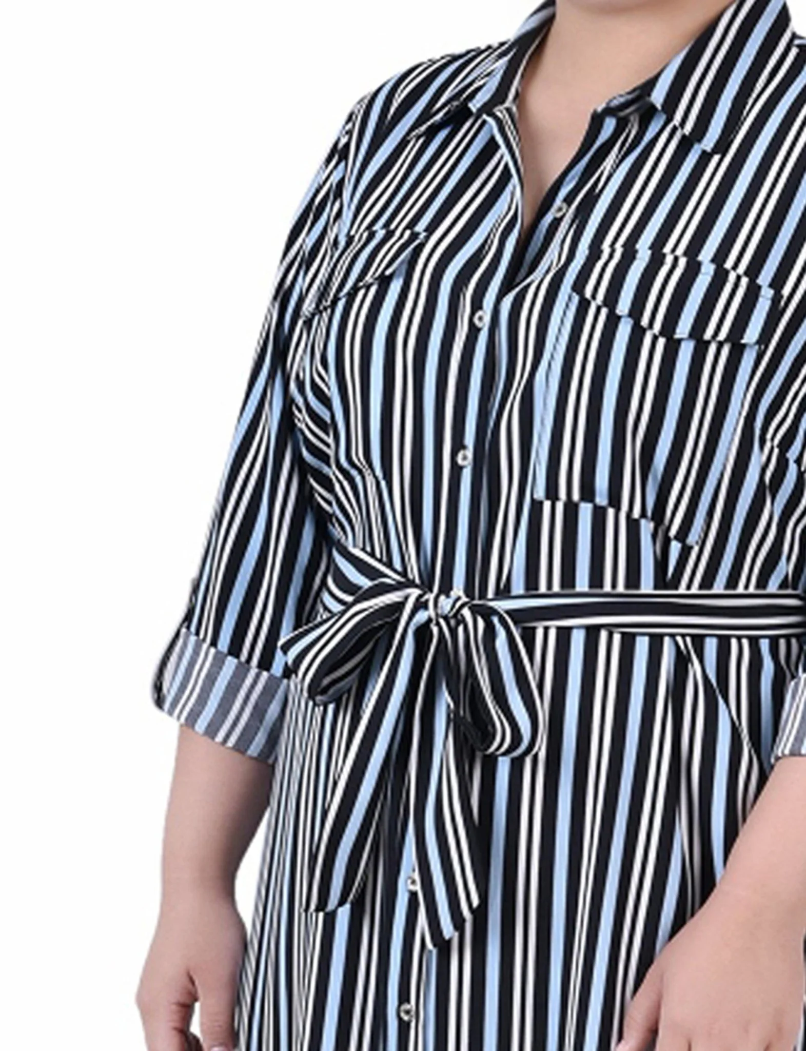 Black Blue Ivory Stripe 3/4 Roll Tab Sleeve Belted Shirtdress - Plus - Image 4