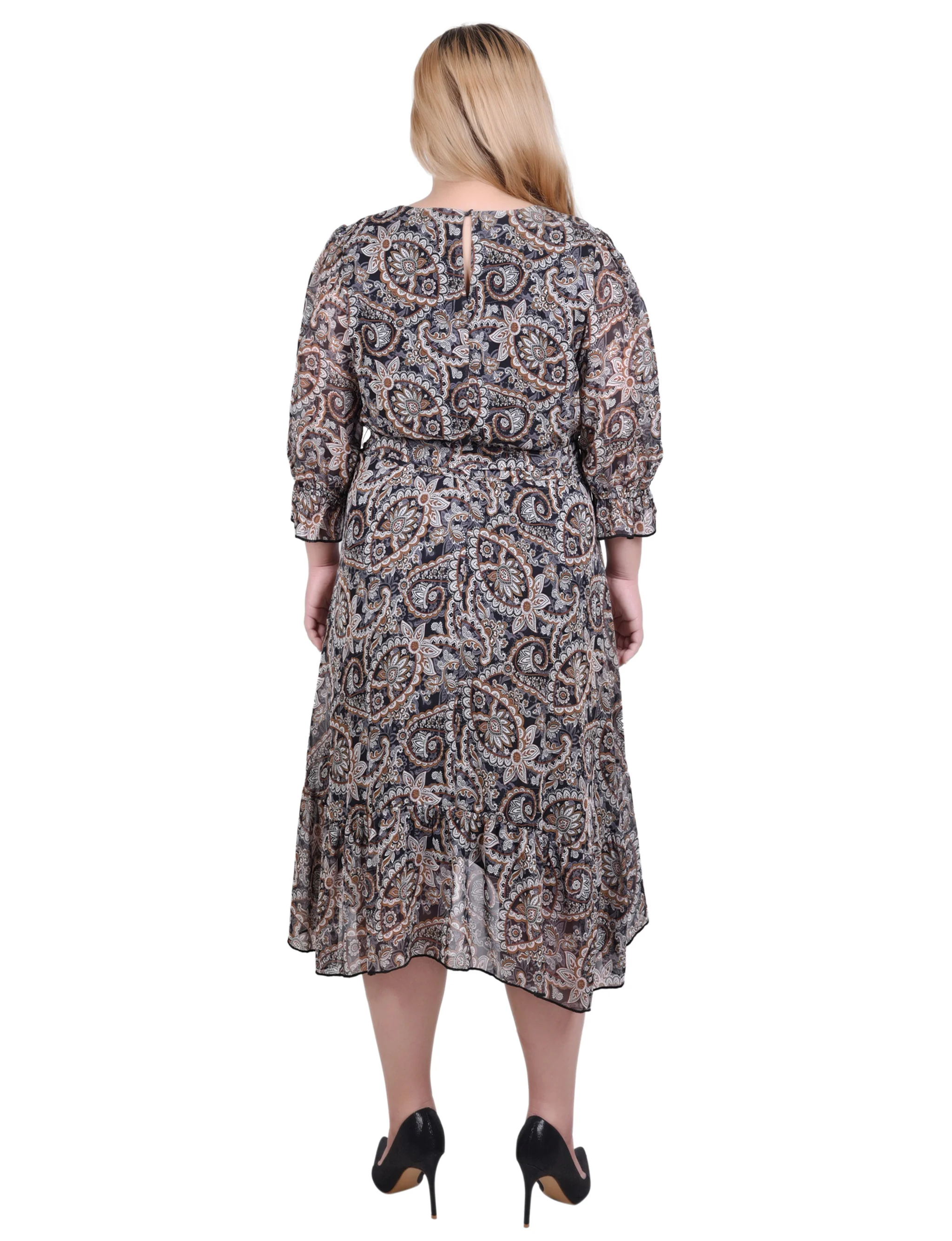 Black Brown Paisley 3/4 Sleeve V-Neck Flounced Dress - Plus - Image 3