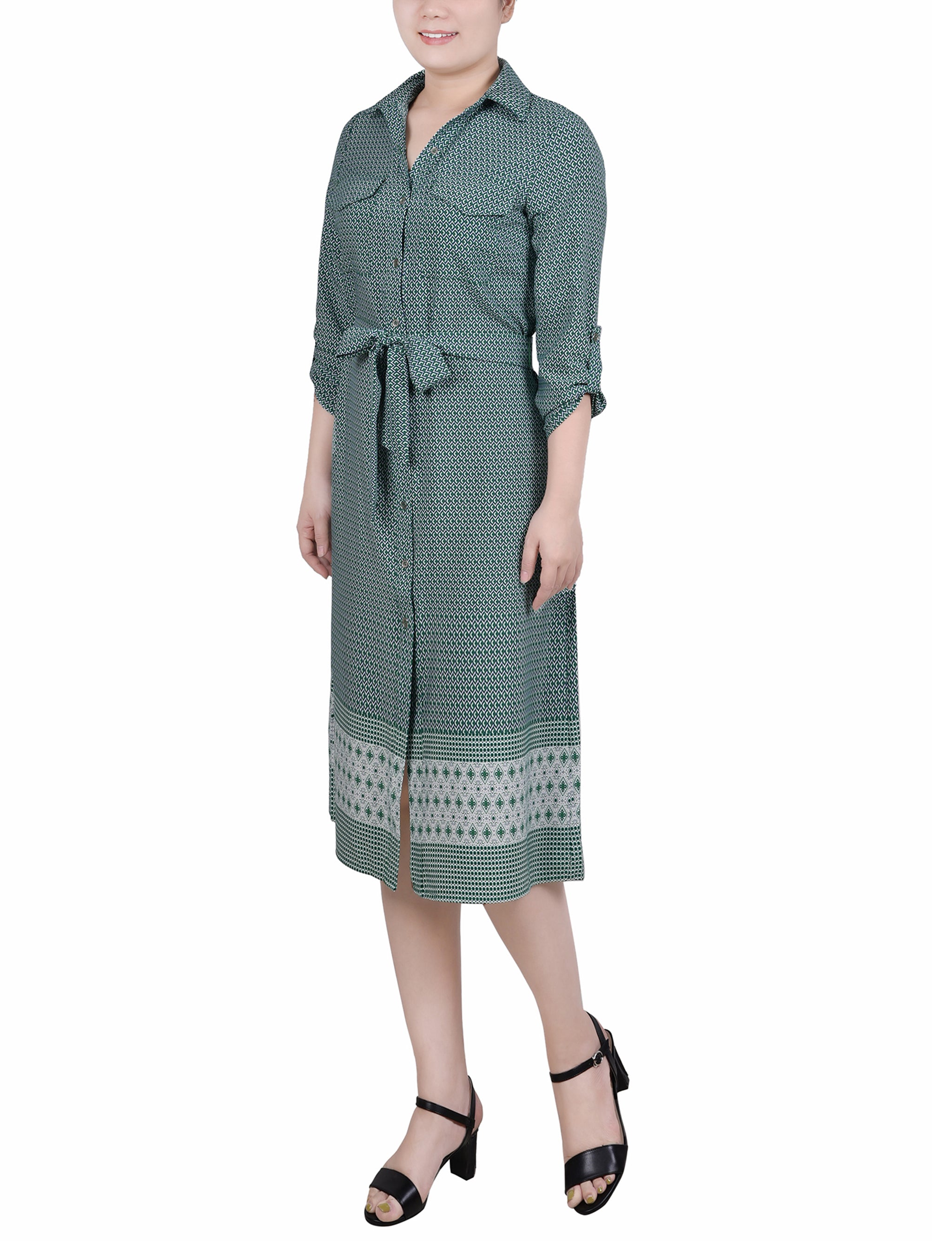 Black Chevron Border 3/4 Roll Tab Sleeve Belted Shirtdress - Image 2