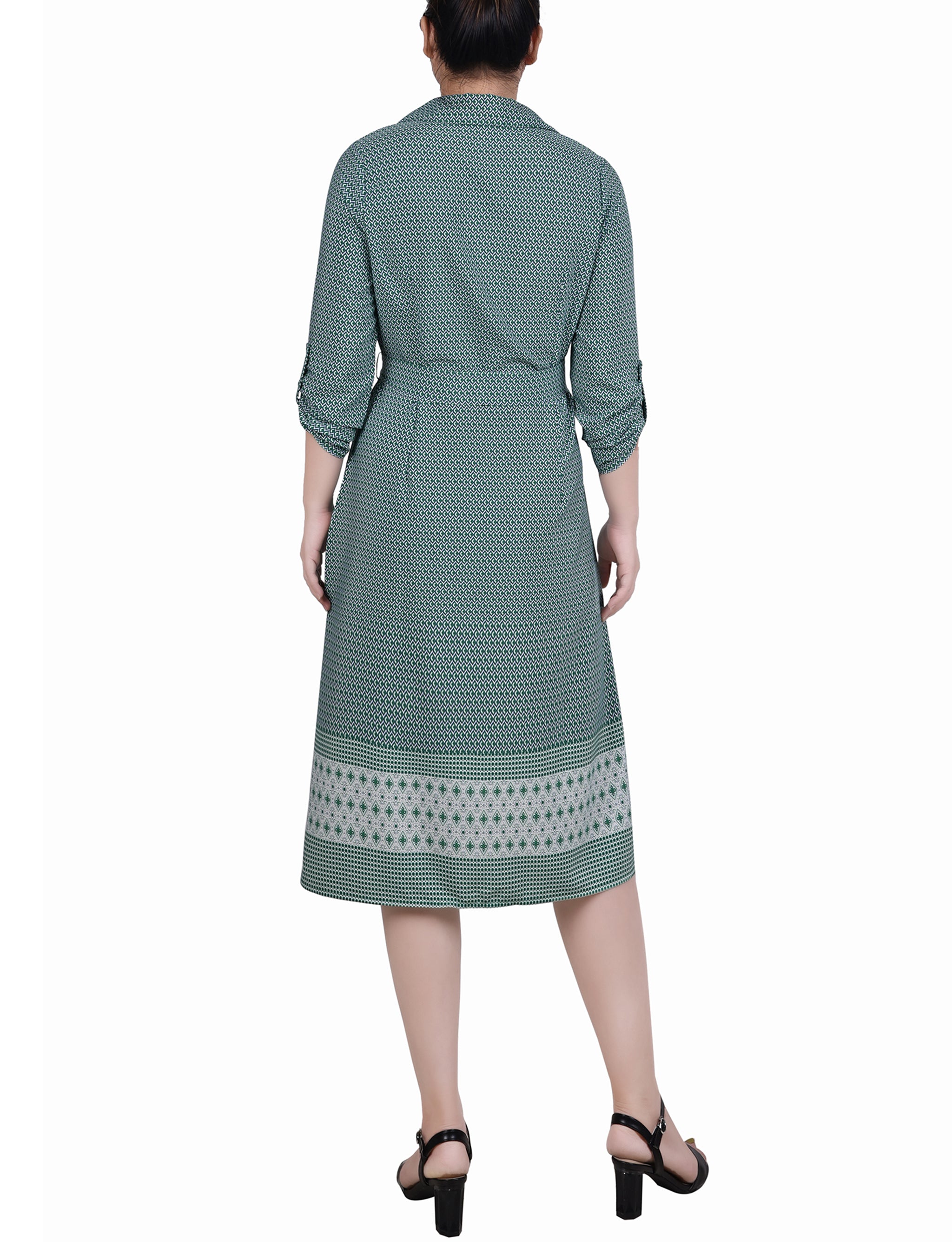 Black Chevron Border 3/4 Roll Tab Sleeve Belted Shirtdress - Image 4