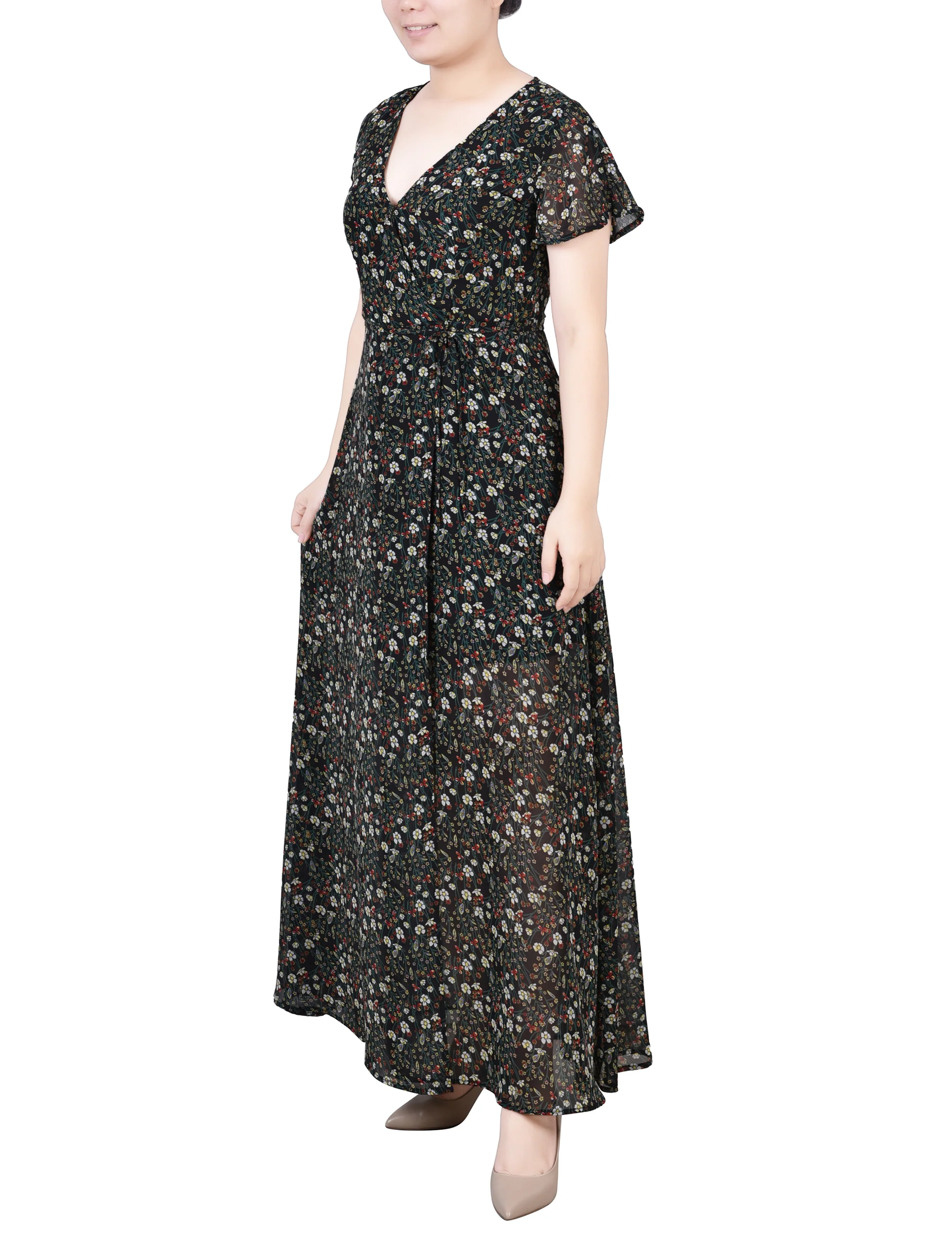 Black Ditsy Floral Short Sleeve Chiffon Wrap Maxi Dress - Petite - Image 2