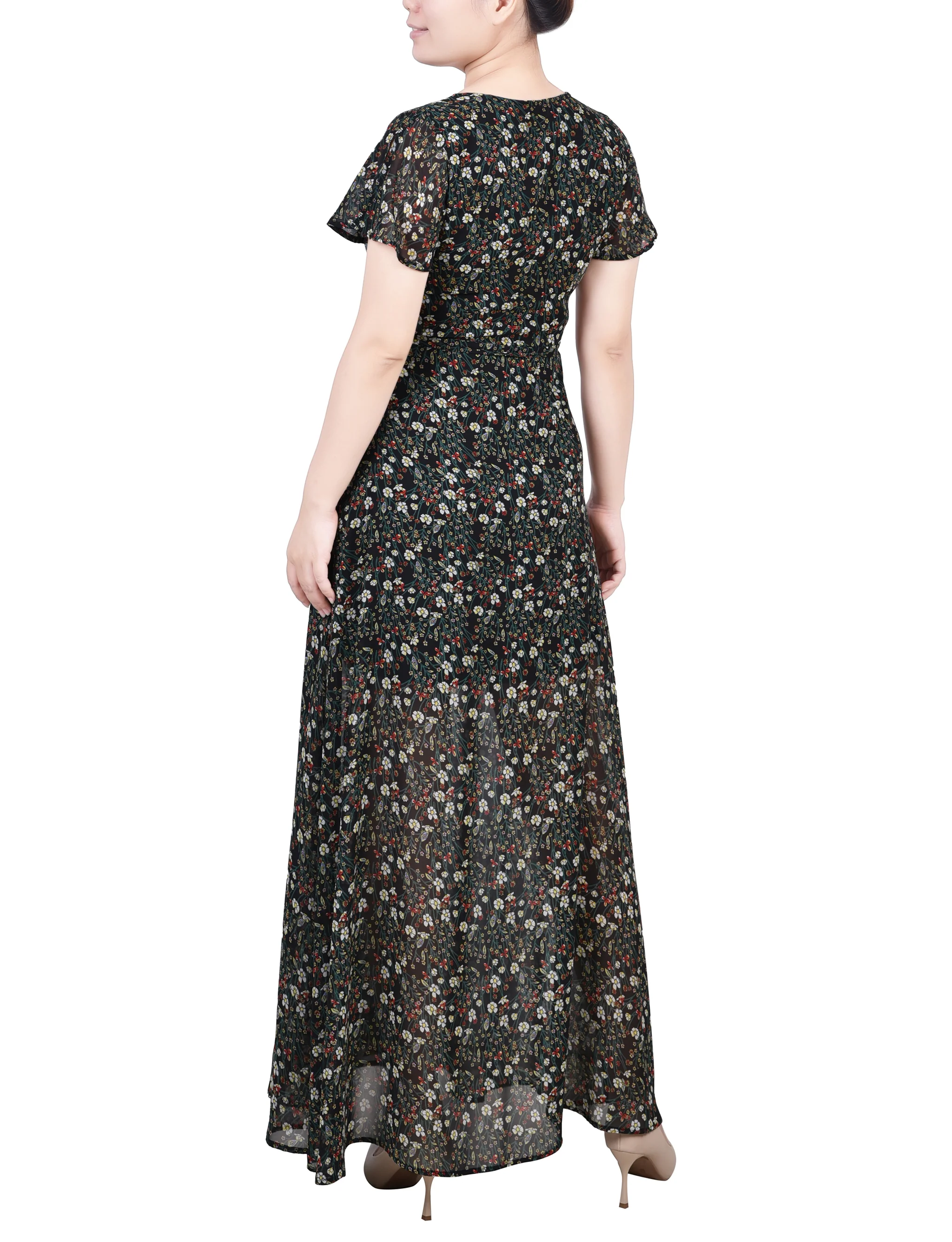 Black Ditsy Floral Short Sleeve Chiffon Wrap Maxi Dress - Petite - Image 3