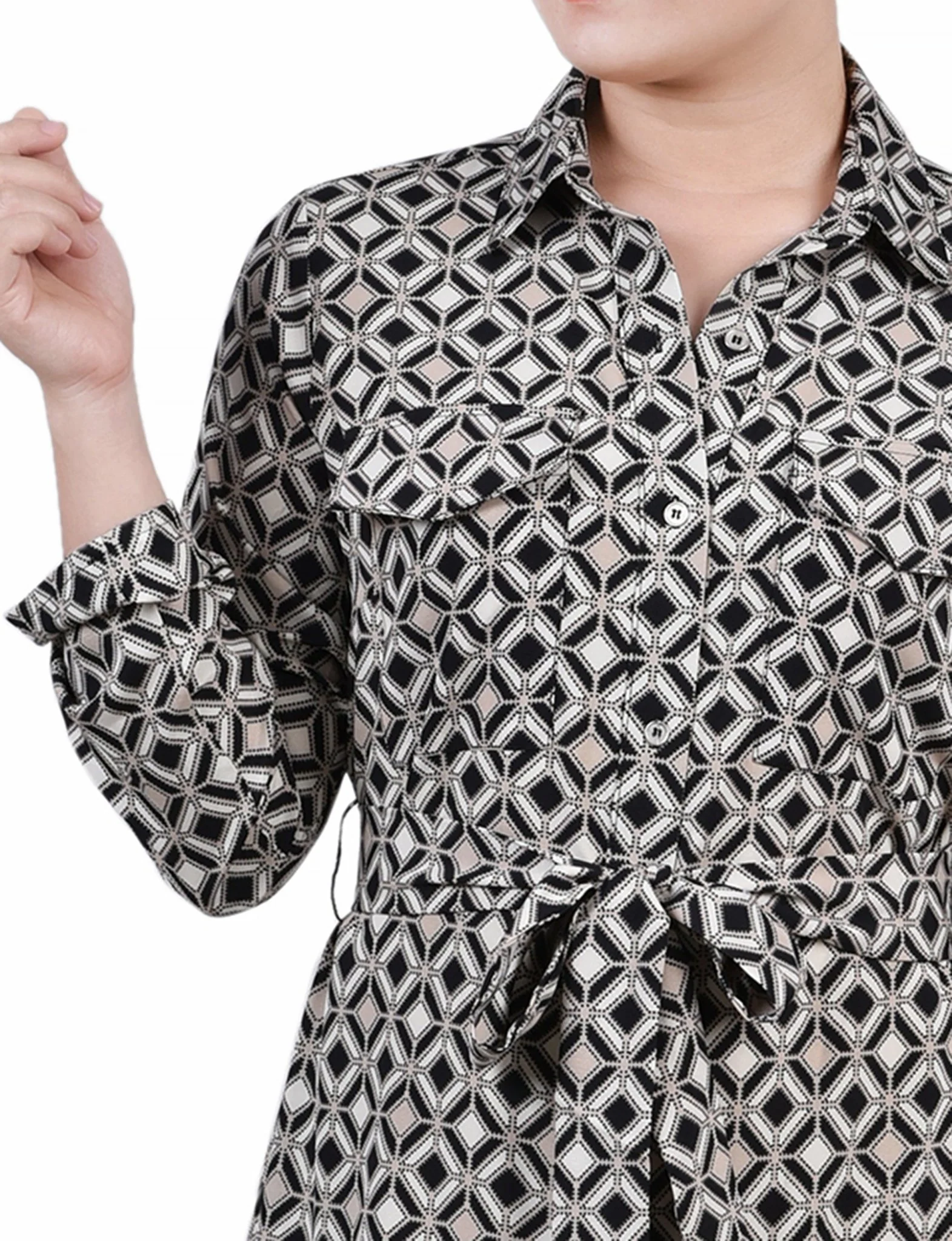 Black Doeskin Geo 3/4 Roll Tab Sleeve Belted Shirtdress - Petite - Image 4
