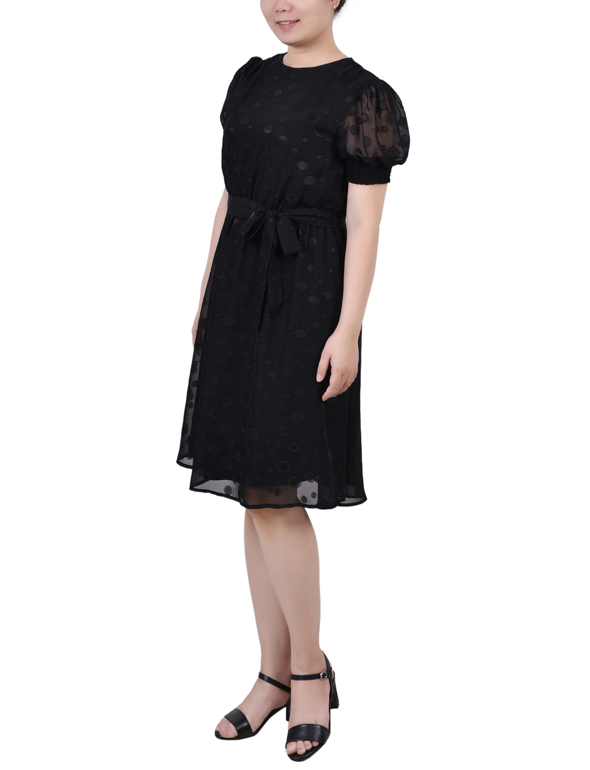 Black Elbow Sleeve Swiss Dot Dress - Petite - Image 2