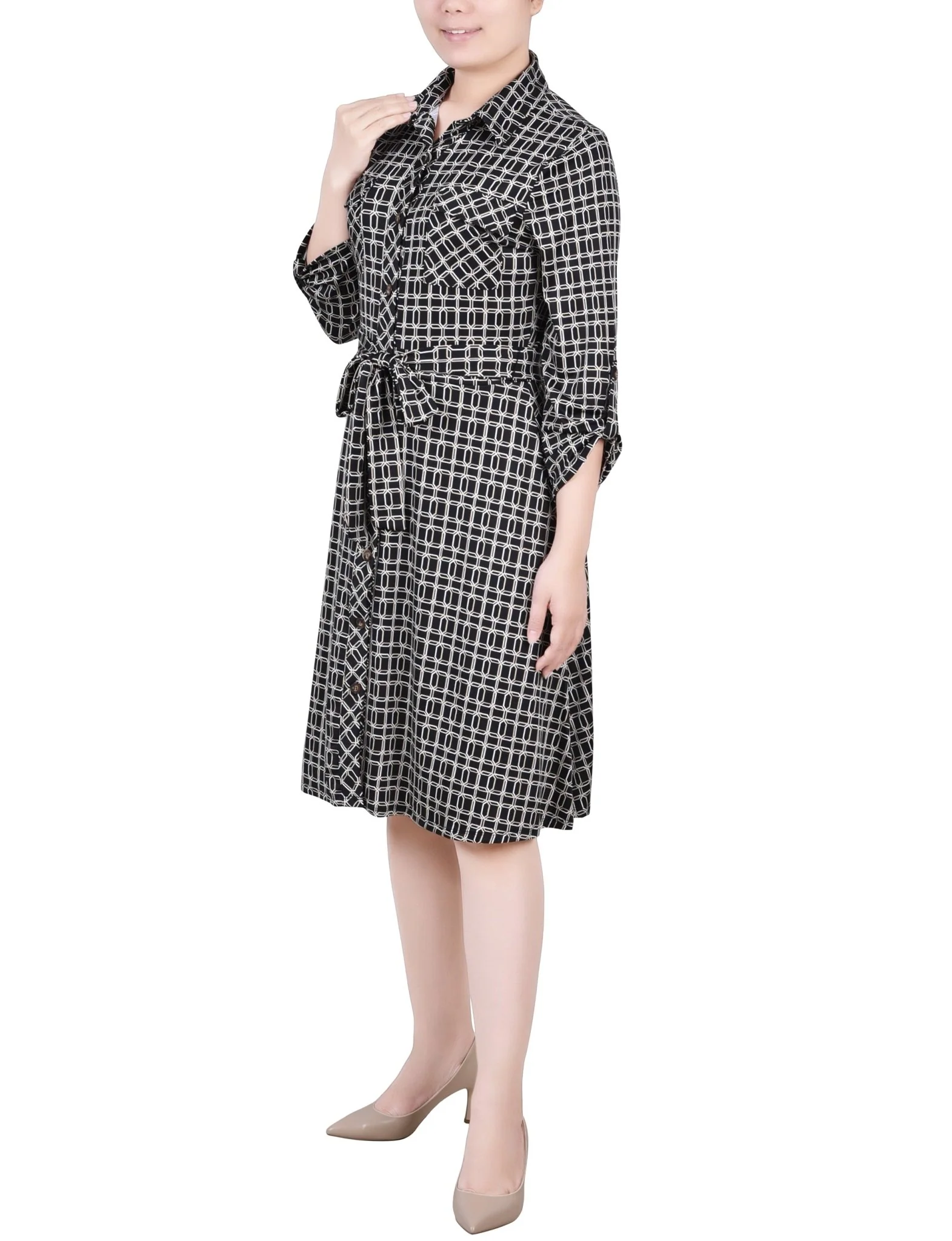 Black Gold Harlie 3/4 Slv Roll Tab Shirtdress - Petite - Image 2