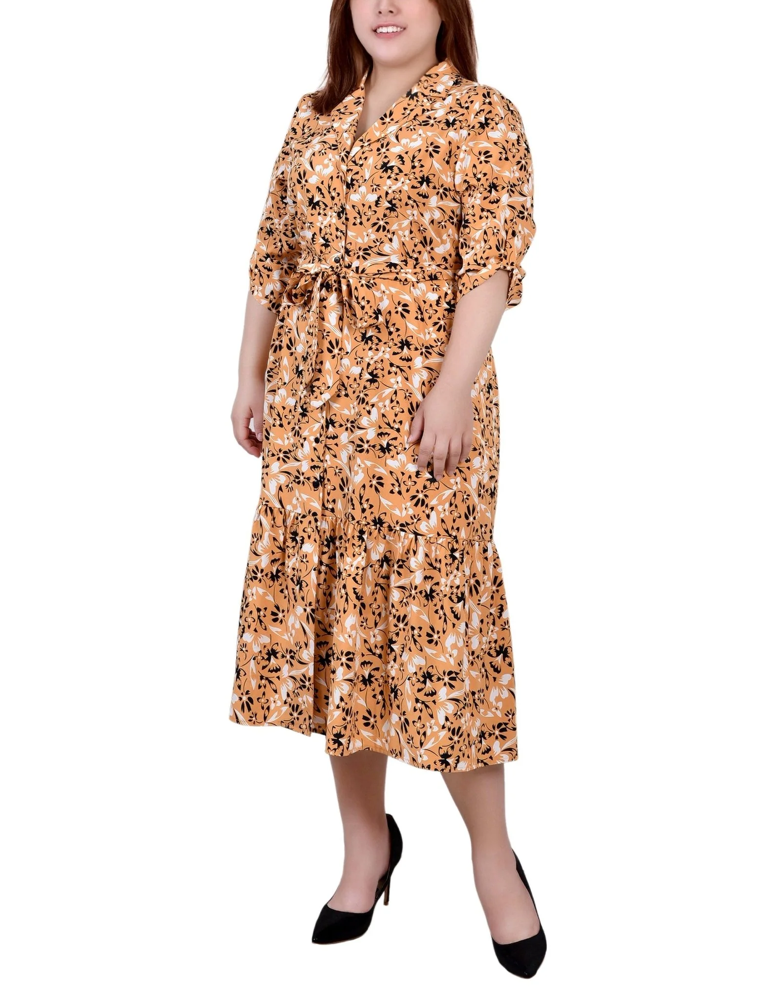 Black Gold White Long Sleeve Tiered Dress With Belt - Plus - Image 4