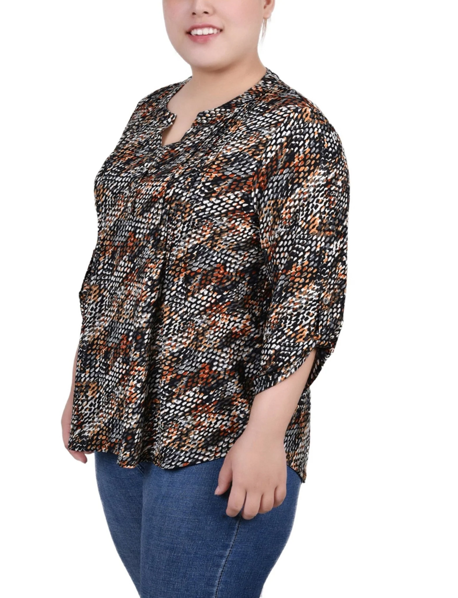 Black Grey Rust Geo 3/4 Roll Tap Pullover Top - Plus - Image 2
