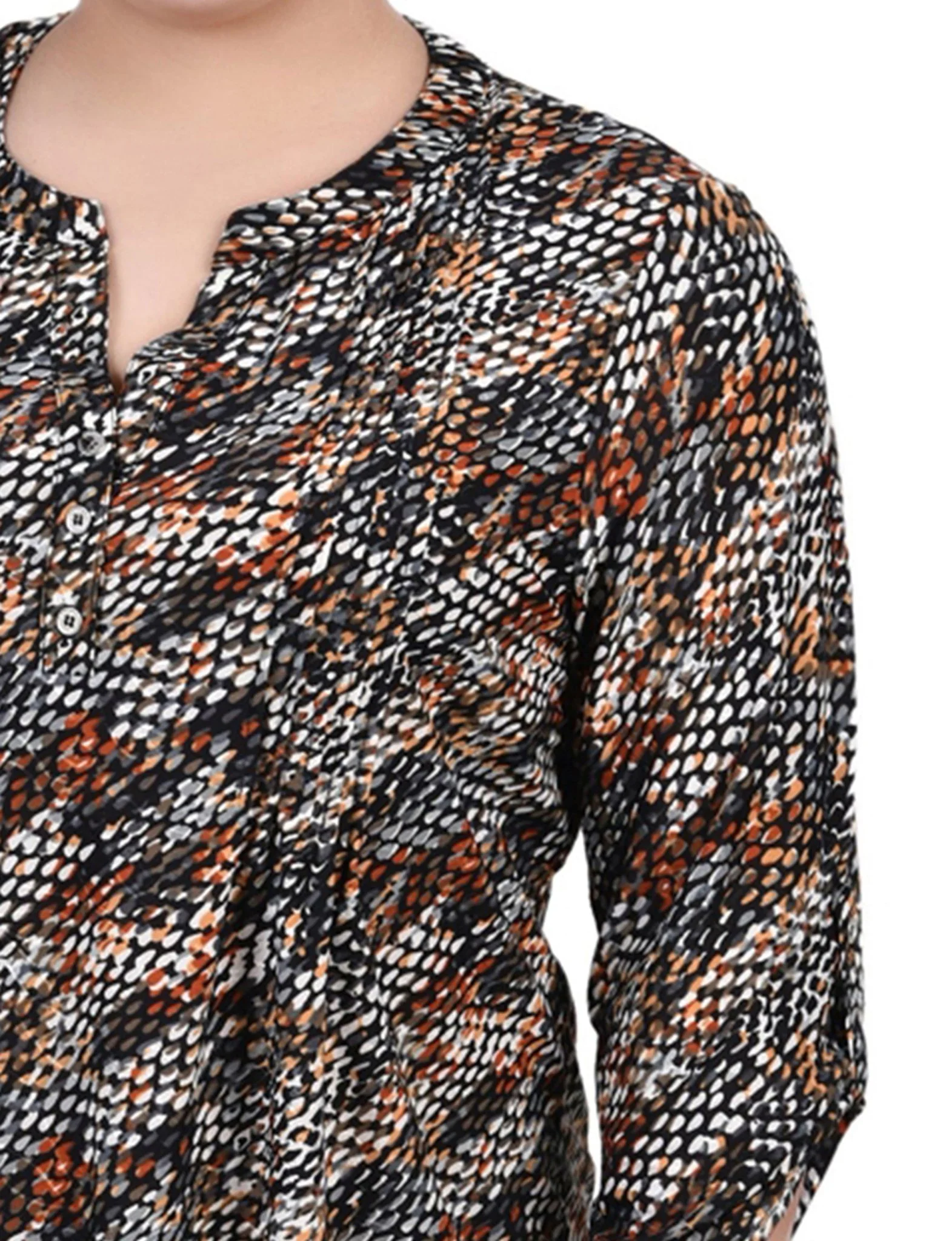 Black Grey Rust Geo 3/4 Roll Tap Pullover Top - Plus - Image 3