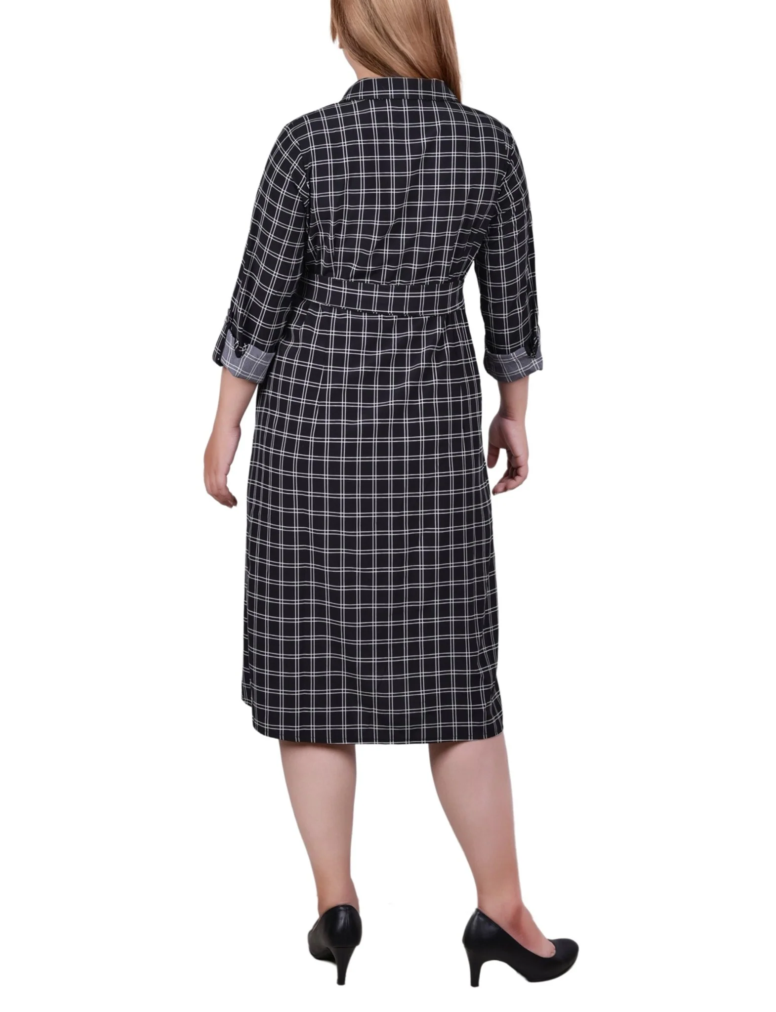 Black Gridview 3/4 Roll Tab Sleeve Belted Shirtdress - Plus - Image 3