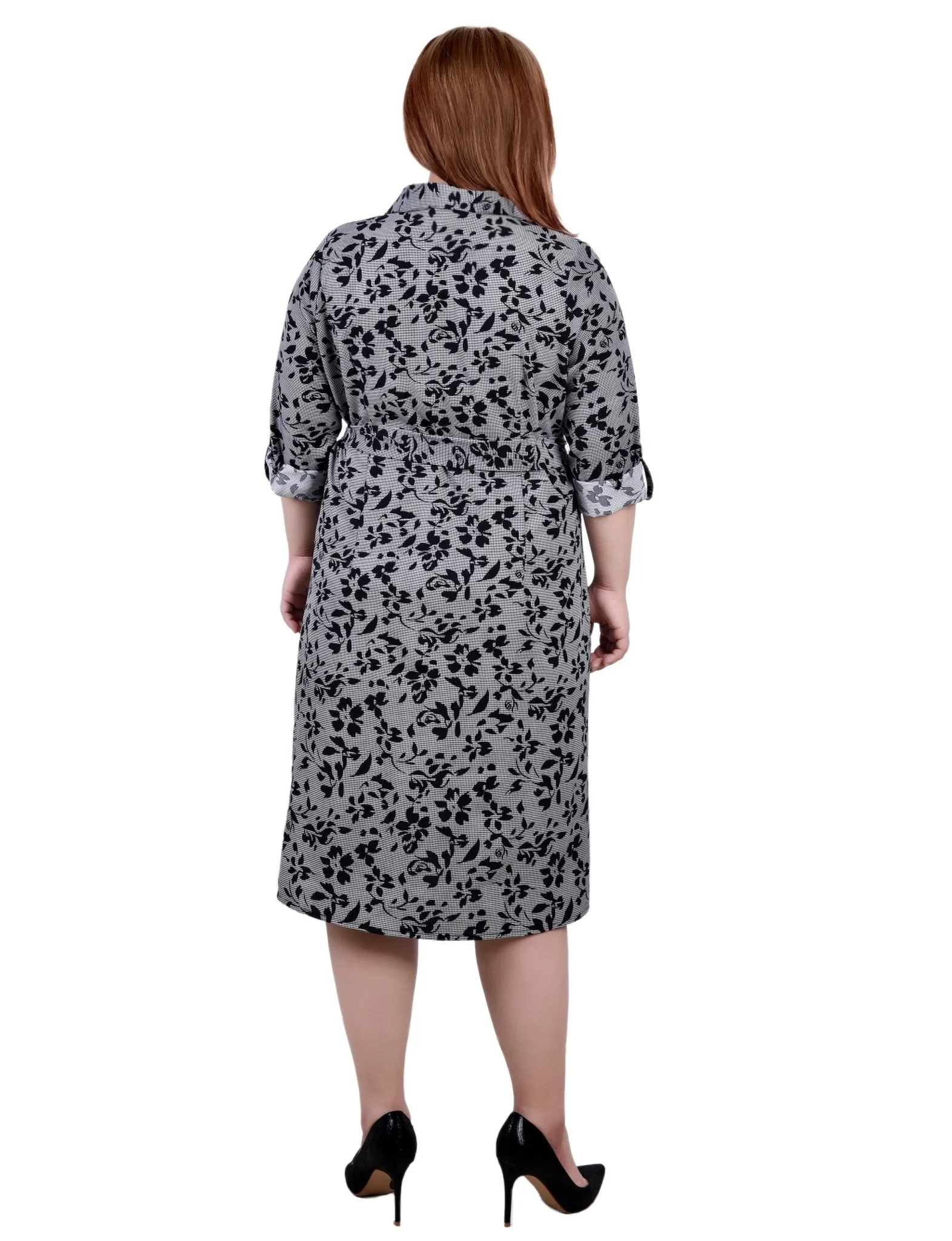 Black Houndstooth Floral 3/4 Roll Tab Sleeve Belted Shirtdress - Plus - Image 3