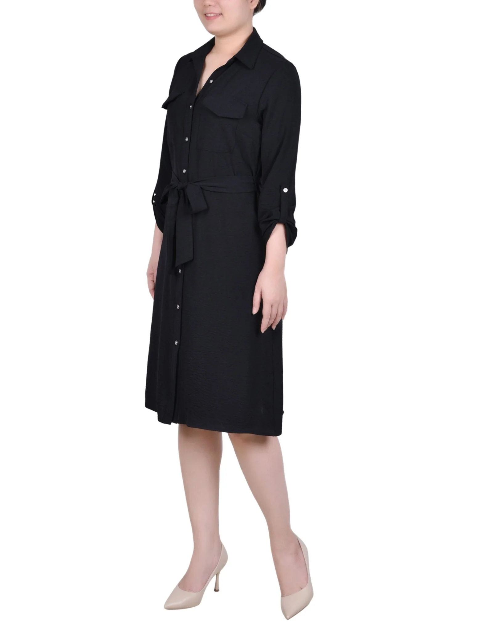 Black Long Roll Tab Sleeve Shirtdress - Image 2