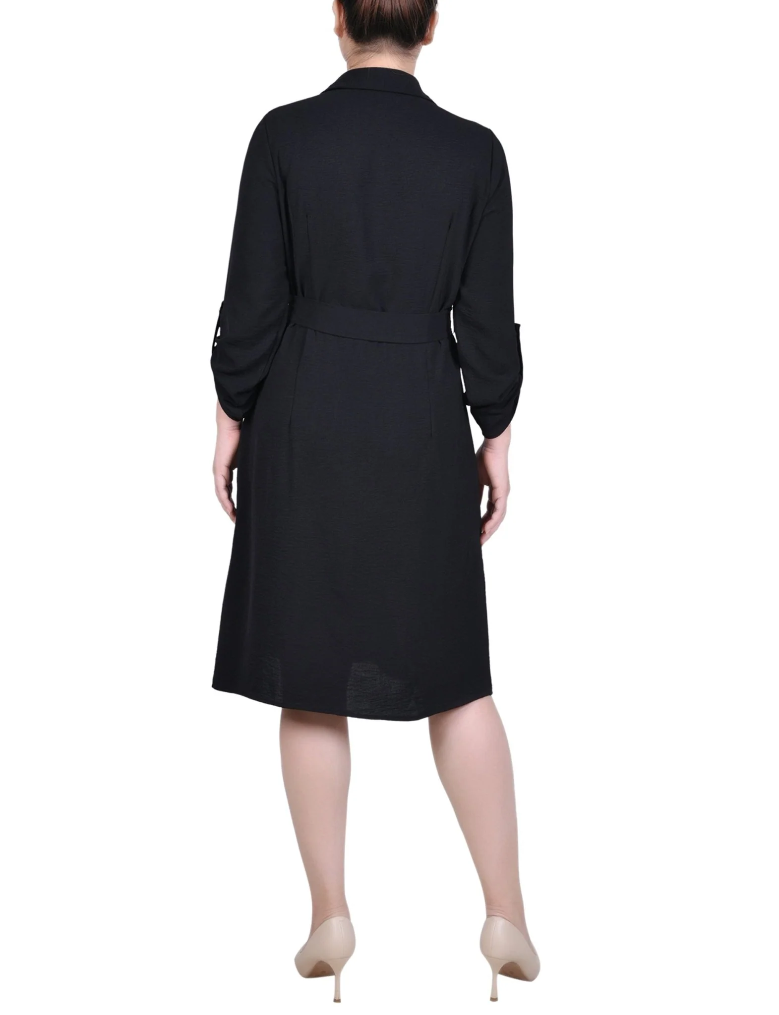 Black Long Roll Tab Sleeve Shirtdress - Image 3